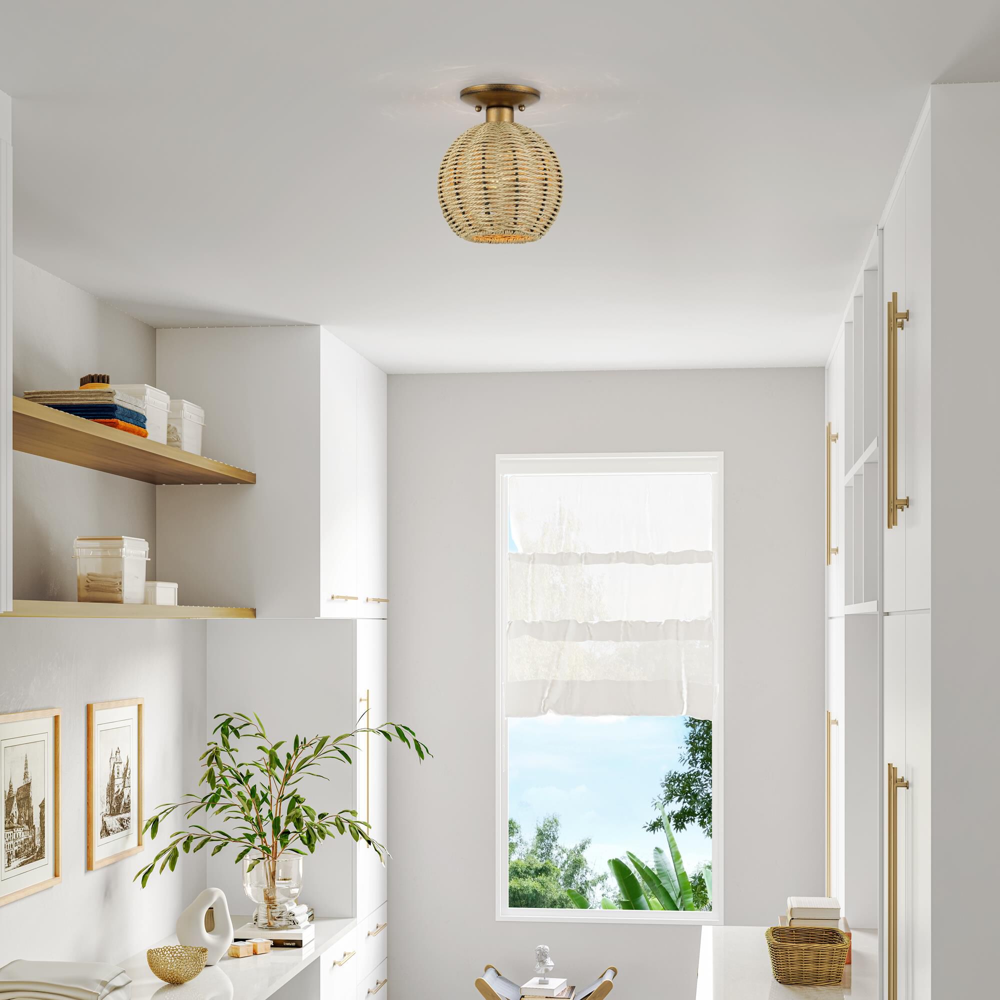 Shown in Antique Gold Leaf finish and Hand-Woven French Beige Paper Rope shade