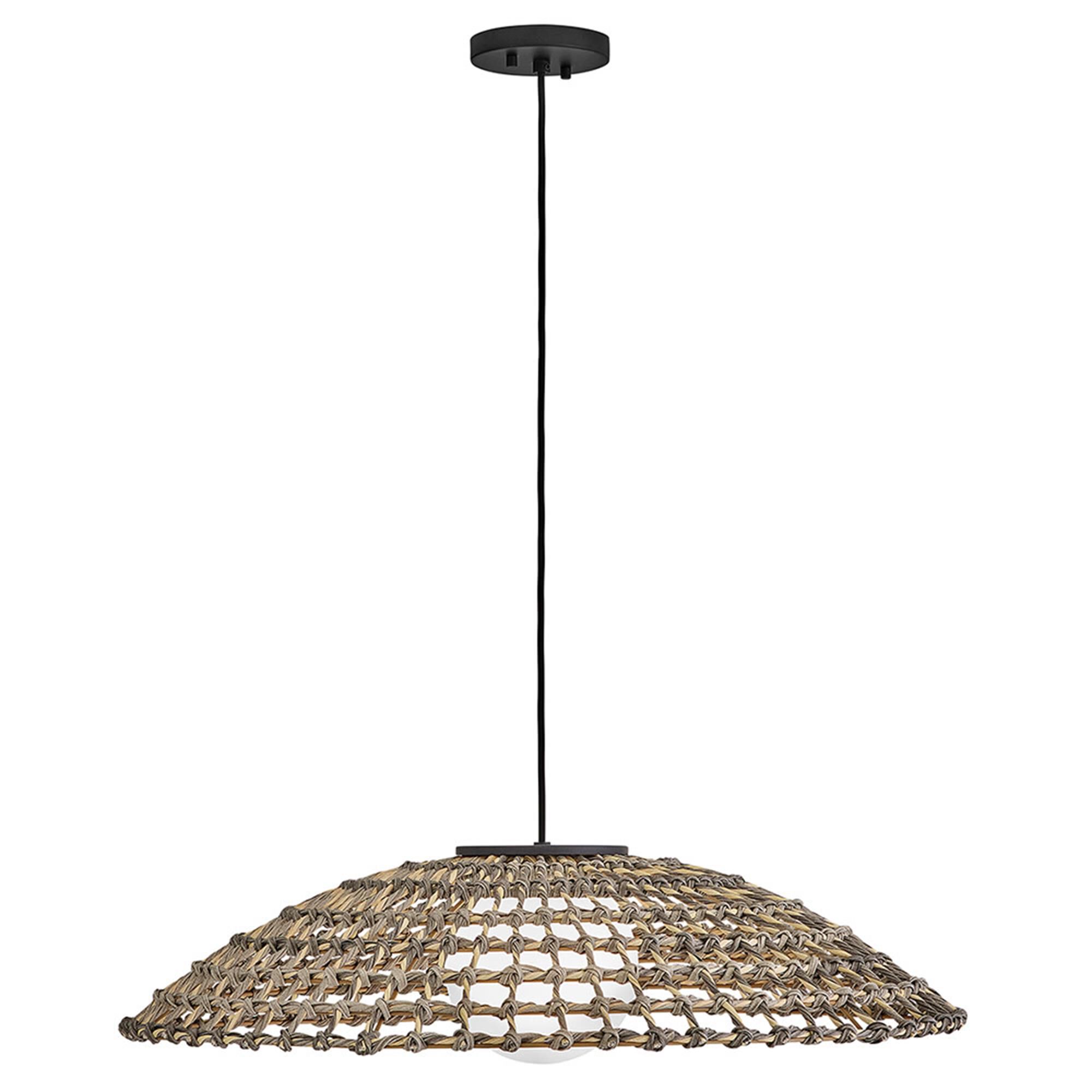 Shown in Black finish and Etched Opal glass and All Weather Rattan shade