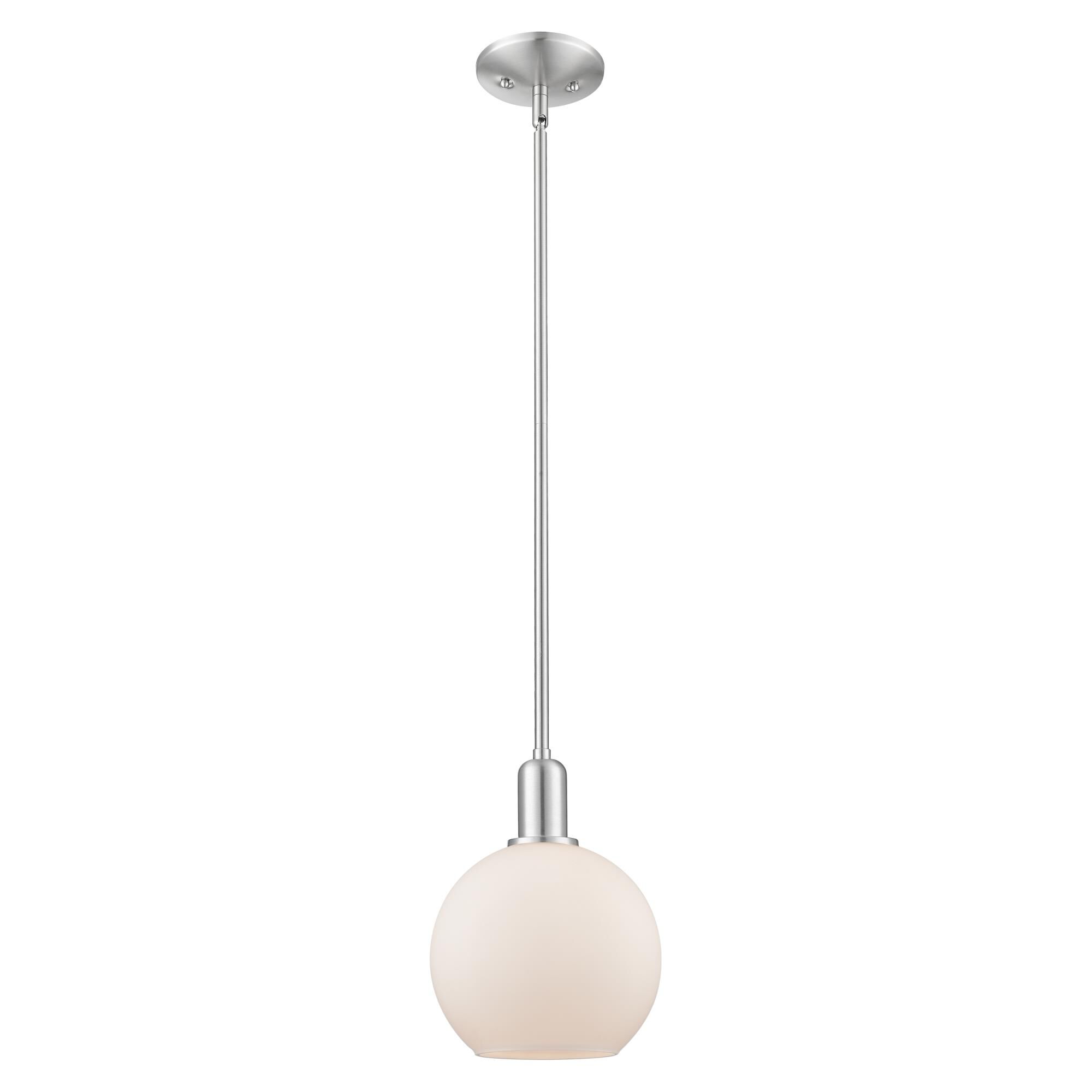 Shown in Brushed Satin Nickel finish and Matte White glass