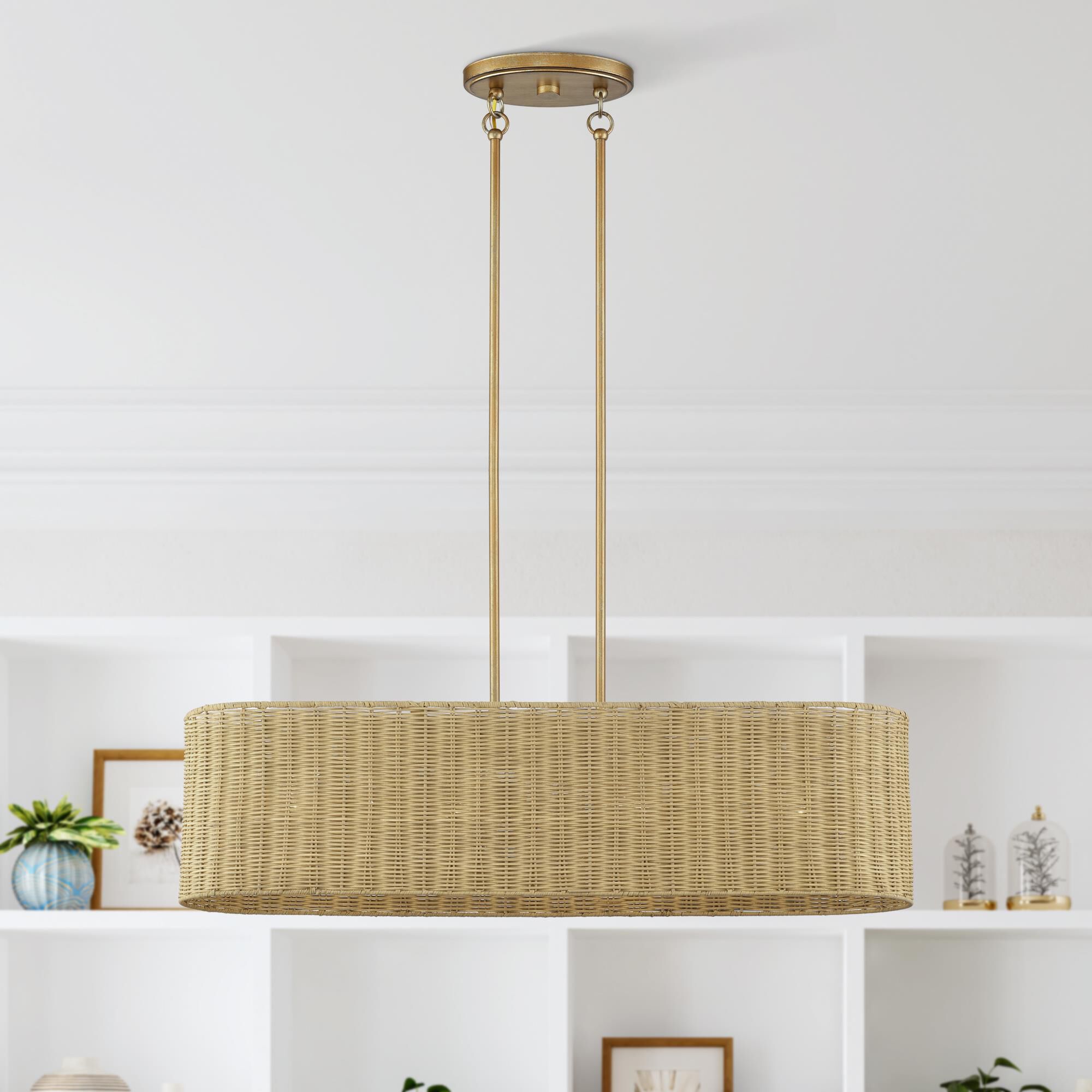 Shown in Antique Gold Leaf finish and Hand-Woven Rustic Walnut Color Rattan shade