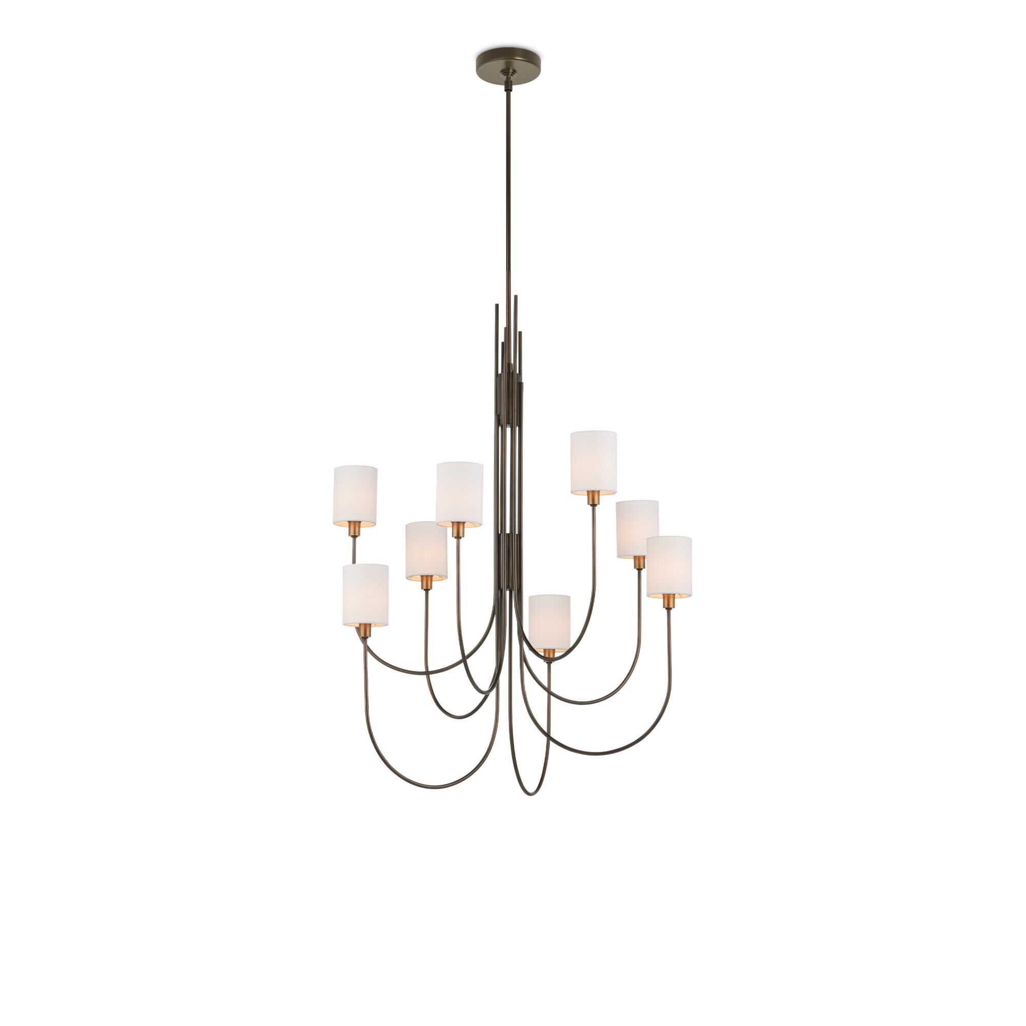 Shown in Statuary Bronze and Antique Brass finish and Off White Linen shade