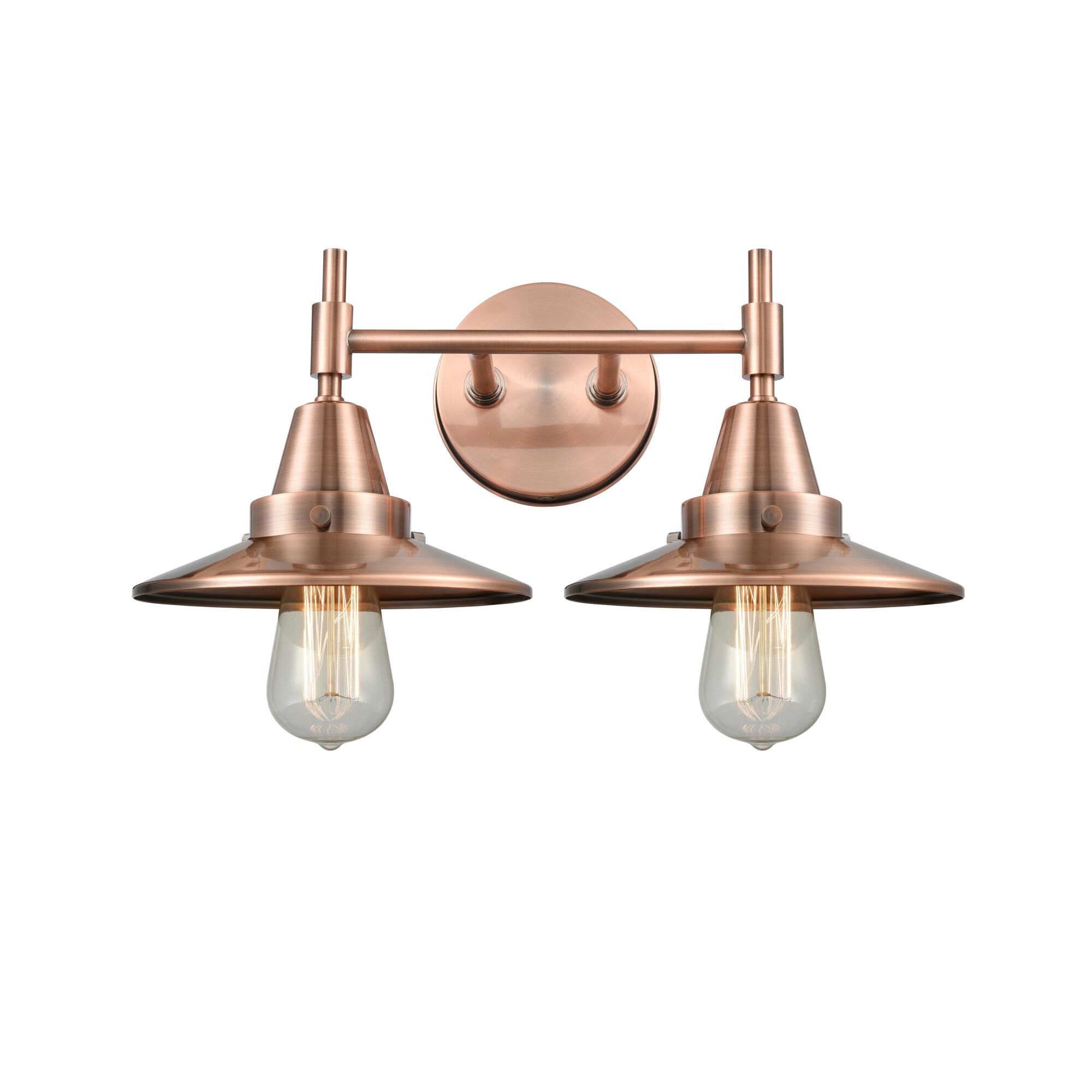 Shown in Antique Copper finish and Antique Copper Railroad shade