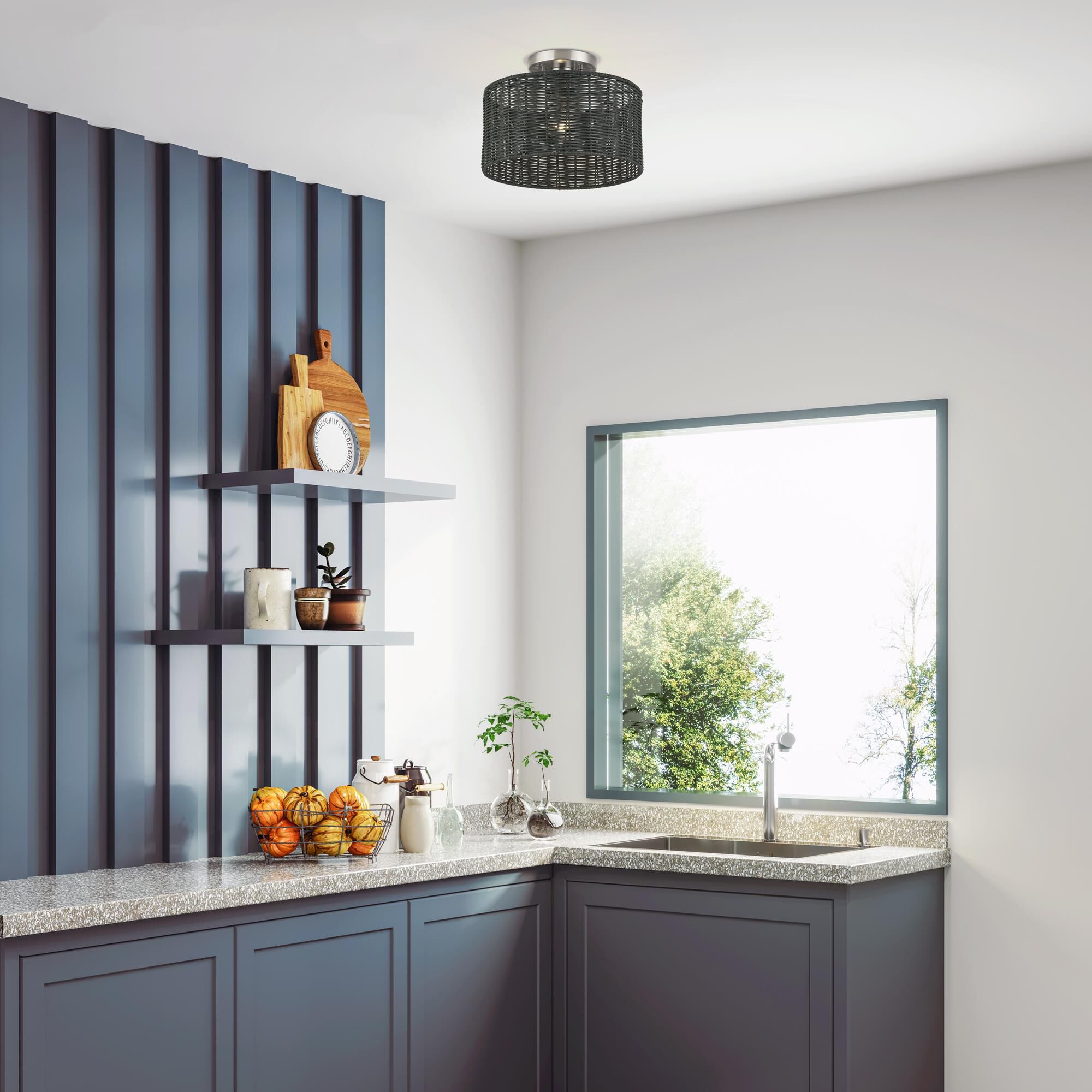 Shown in Brushed Nickel finish and Hand-Woven Charred Gray Color Rattan shade