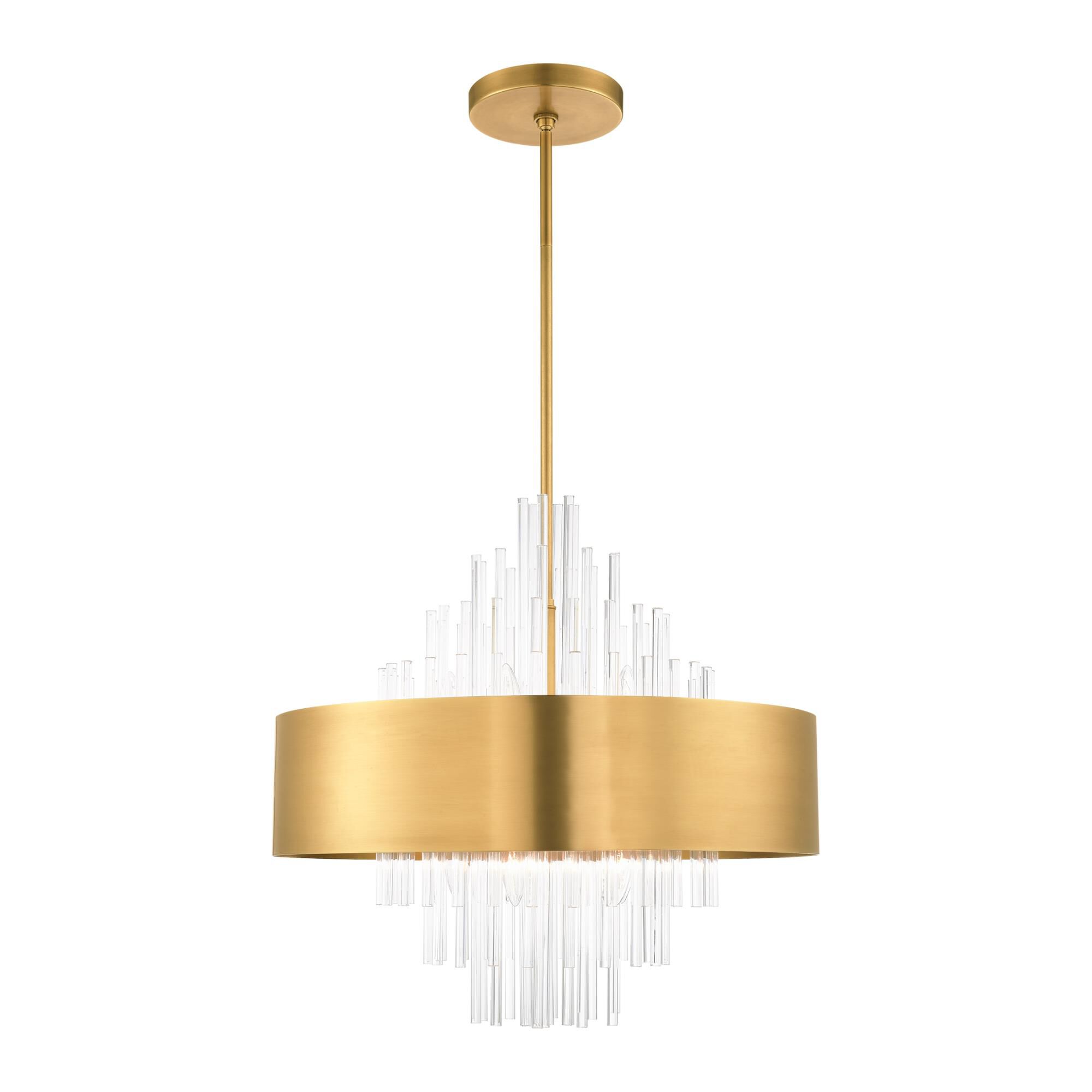 Shown in Natural Brass finish and Natural Brass Drum Shade With Clear Crystal Rods glass and Natural Brass Drum  With Clear Crystal Rods shade