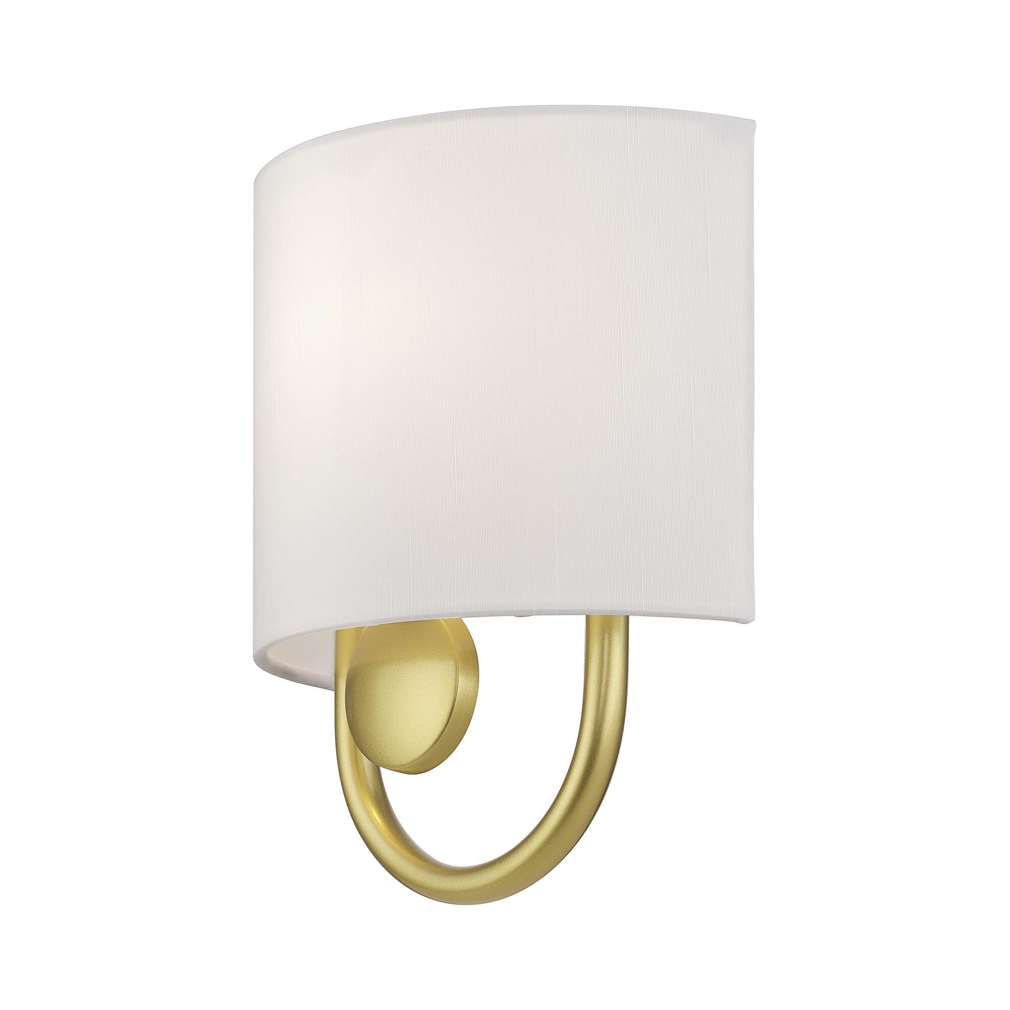 Shown in Soft Gold finish and Hand Crafted Off-White Fabric Hardback with White Fabric Inside shade