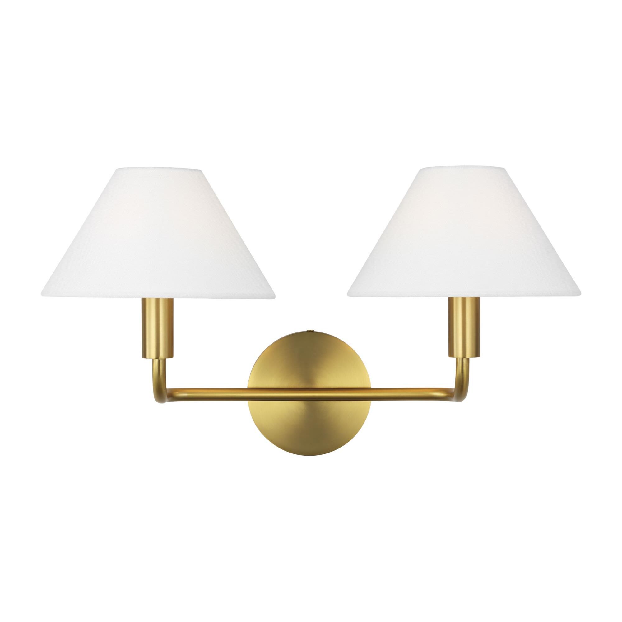 Shown in Burnished Brass finish and White Linen shade