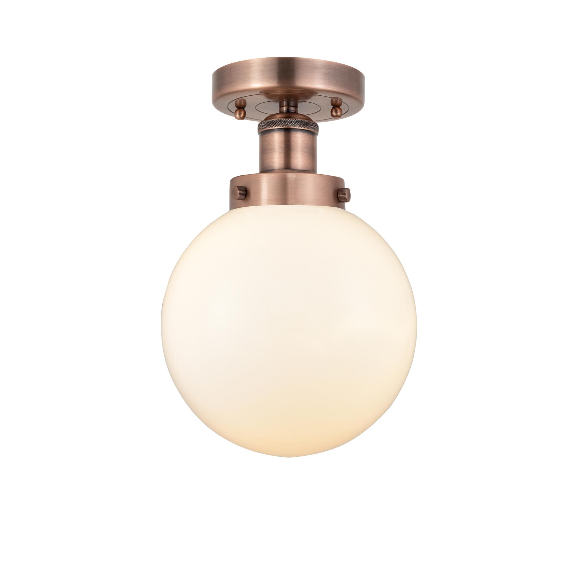 Shown in Antique Copper finish and Matte White glass