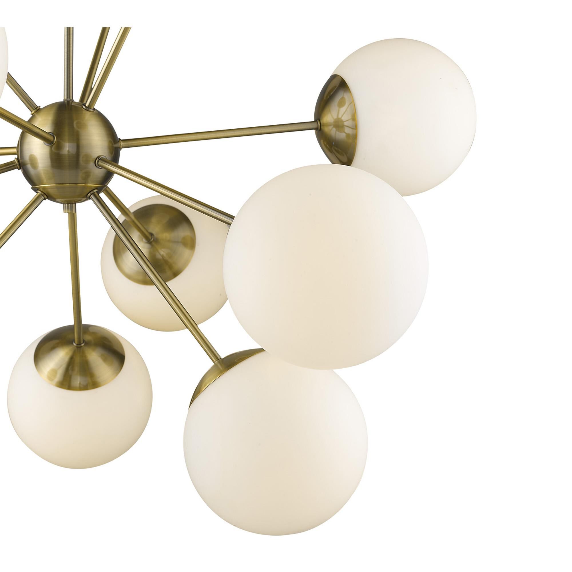 Shown in Antique Brass finish and Opal glass and Opal Glass Globes shade