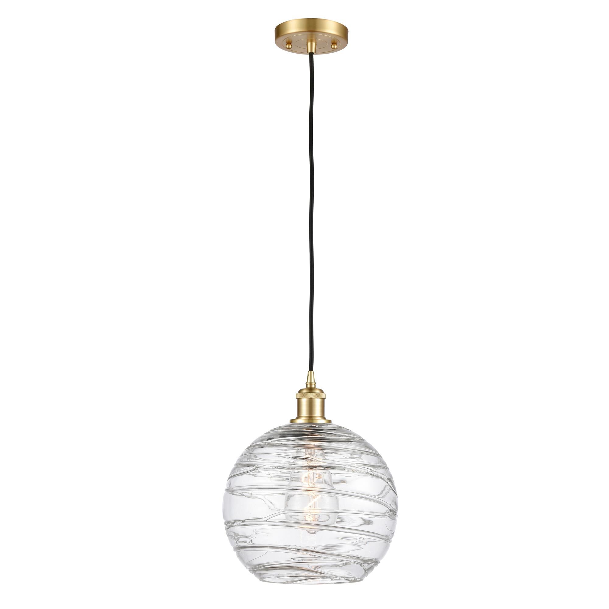 Shown in Satin Gold finish and Clear Large Deco Swirl glass