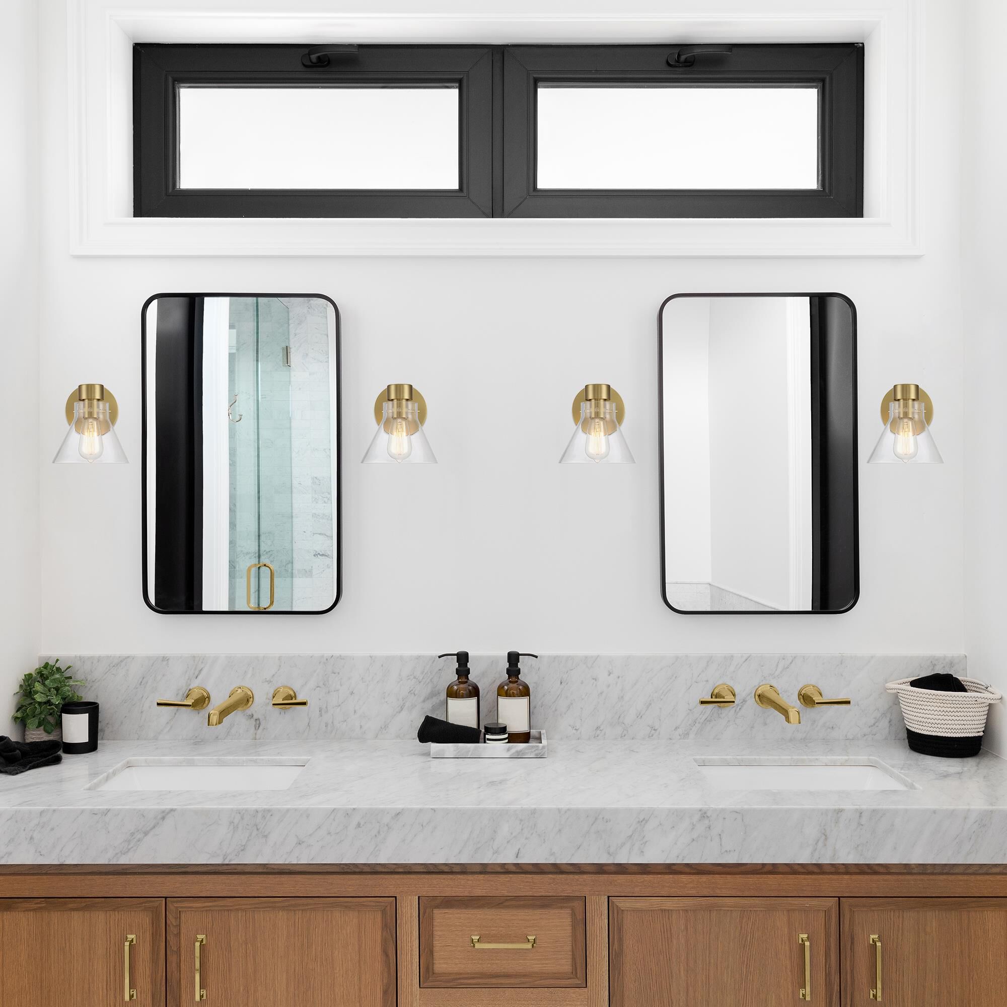 Shown in Brushed Gold finish and Clear glass