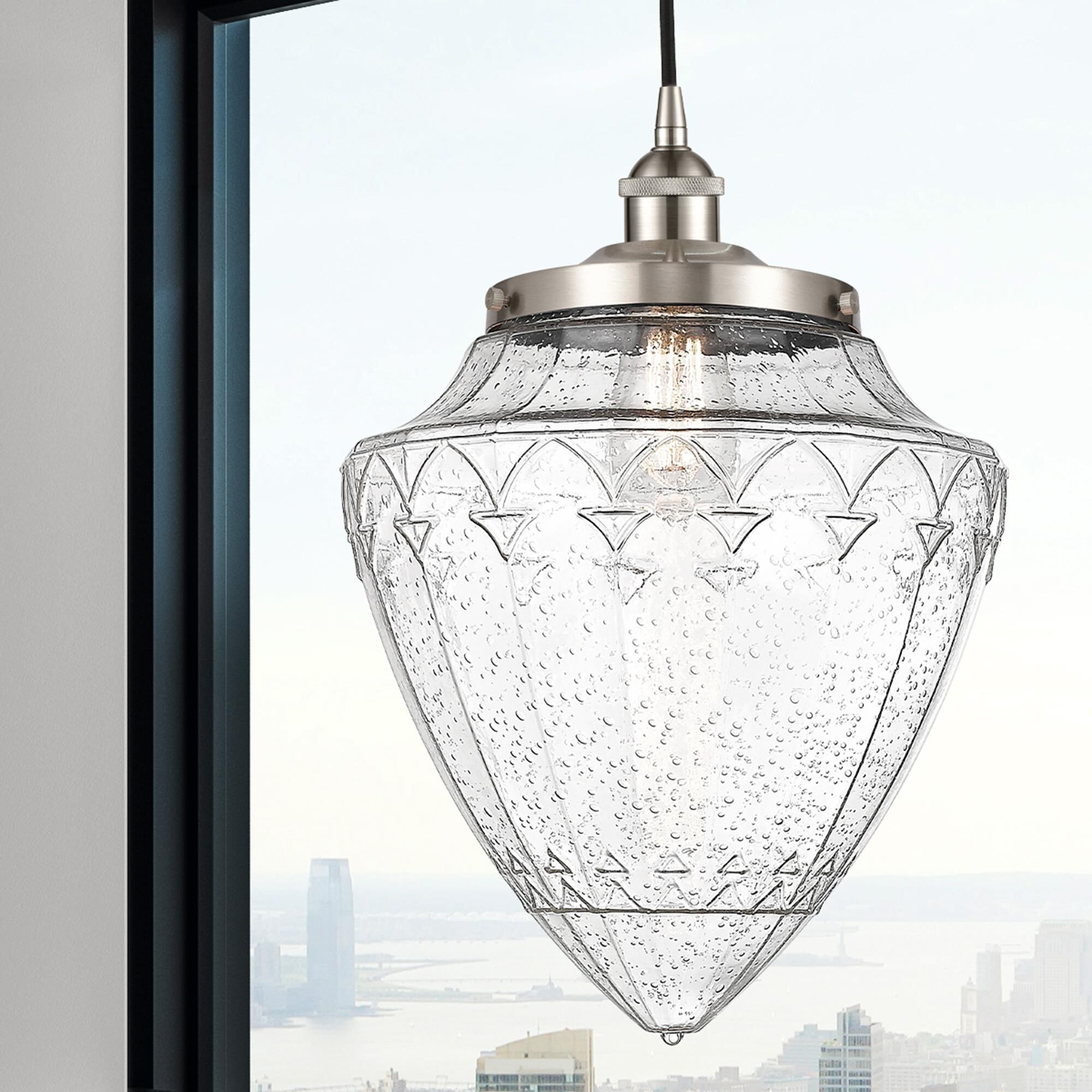 Shown in Brushed Satin Nickel finish and Seedy glass