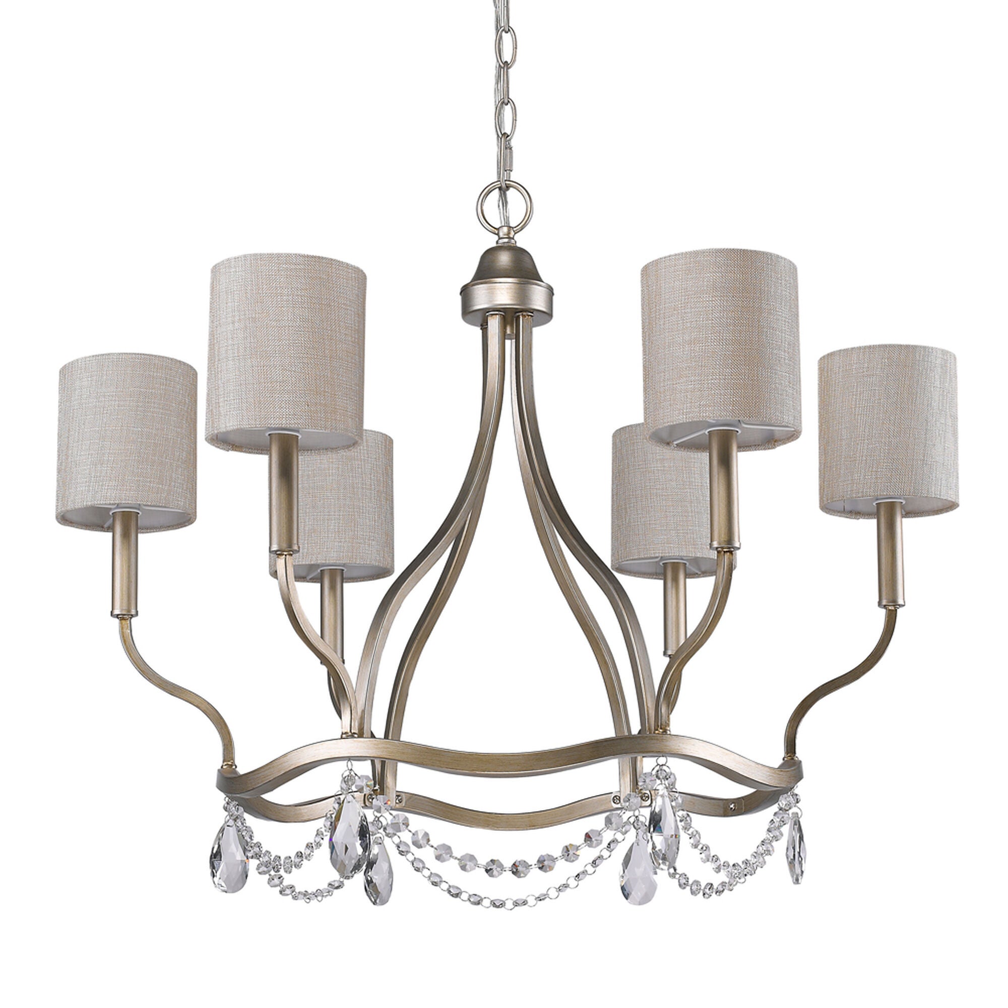 Shown in Washed Gold finish and Washed Gold glass and Washed Gold Fabric Cylindrical s shade
