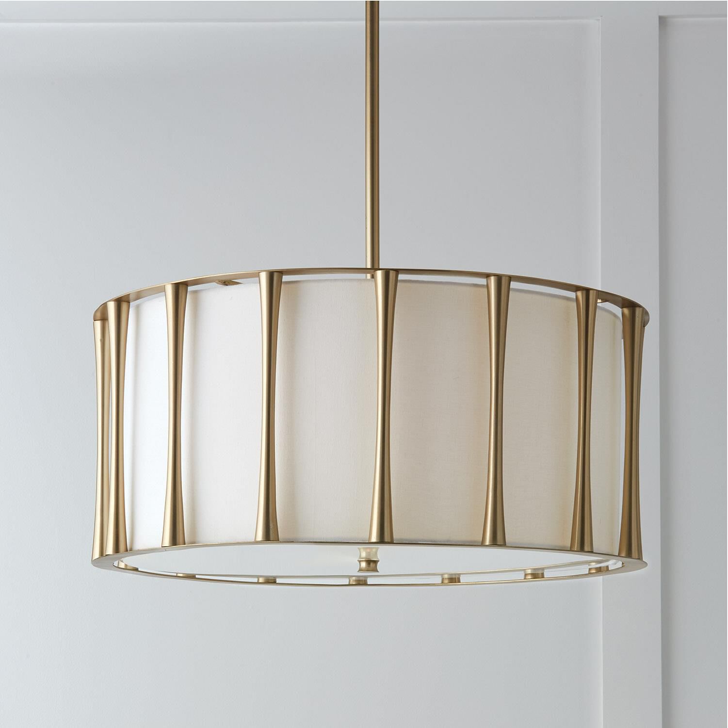 Shown in Matte Brass finish and White Fabric shade