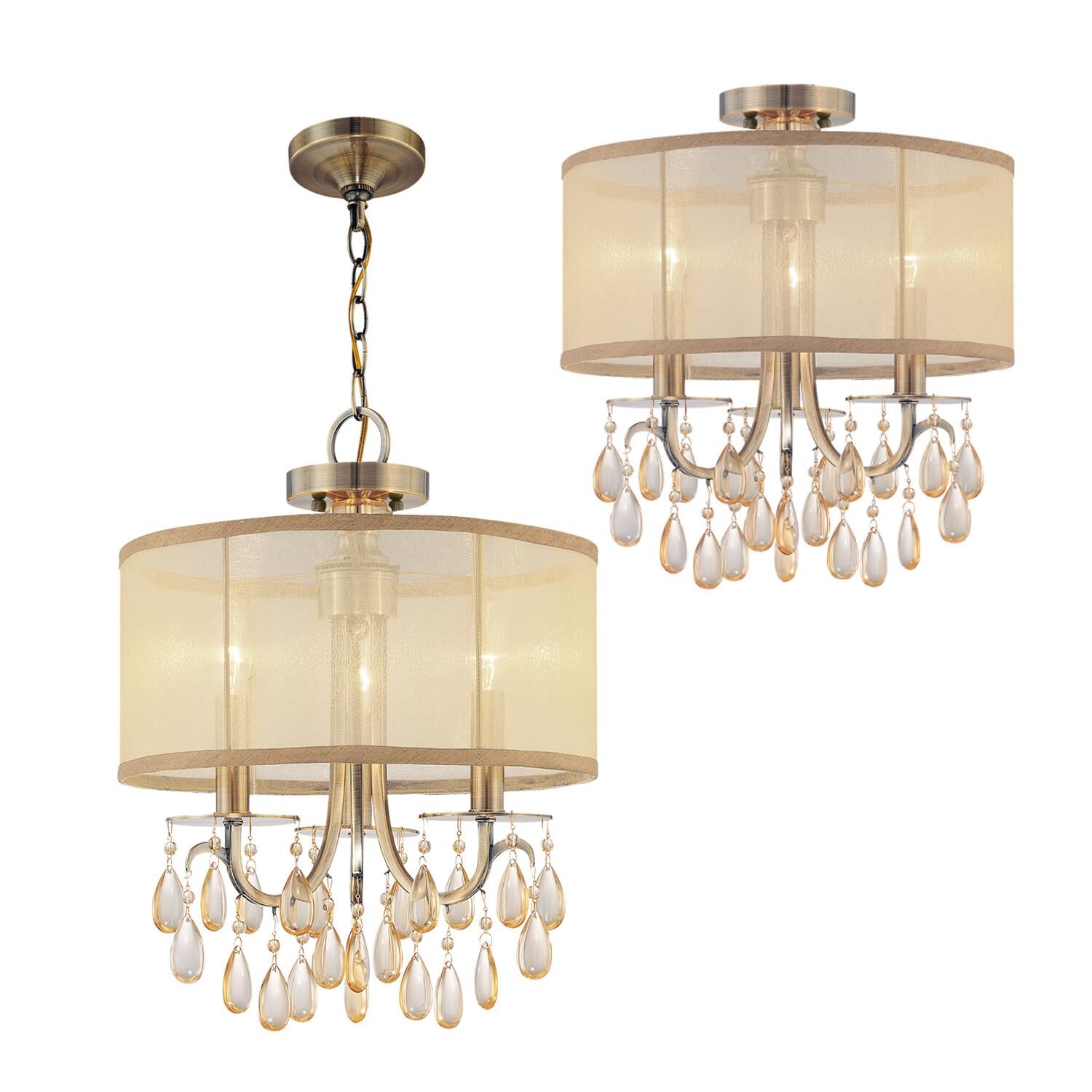 Shown in Antique Brass finish and Etruscan Teardrop Almond crystal and Silk glass and Silk shade