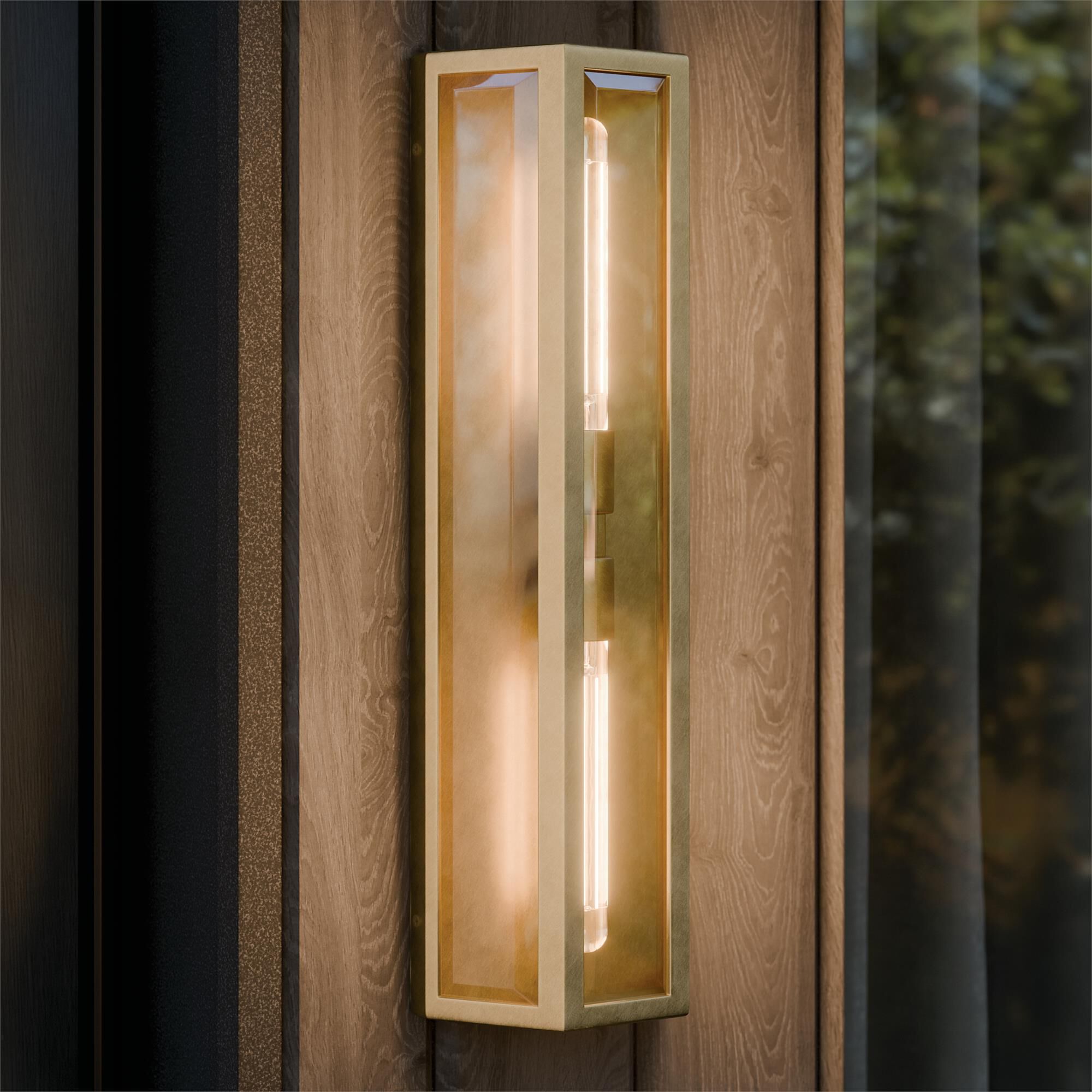 Shown in Natural Brass finish and Clear Beveled glass
