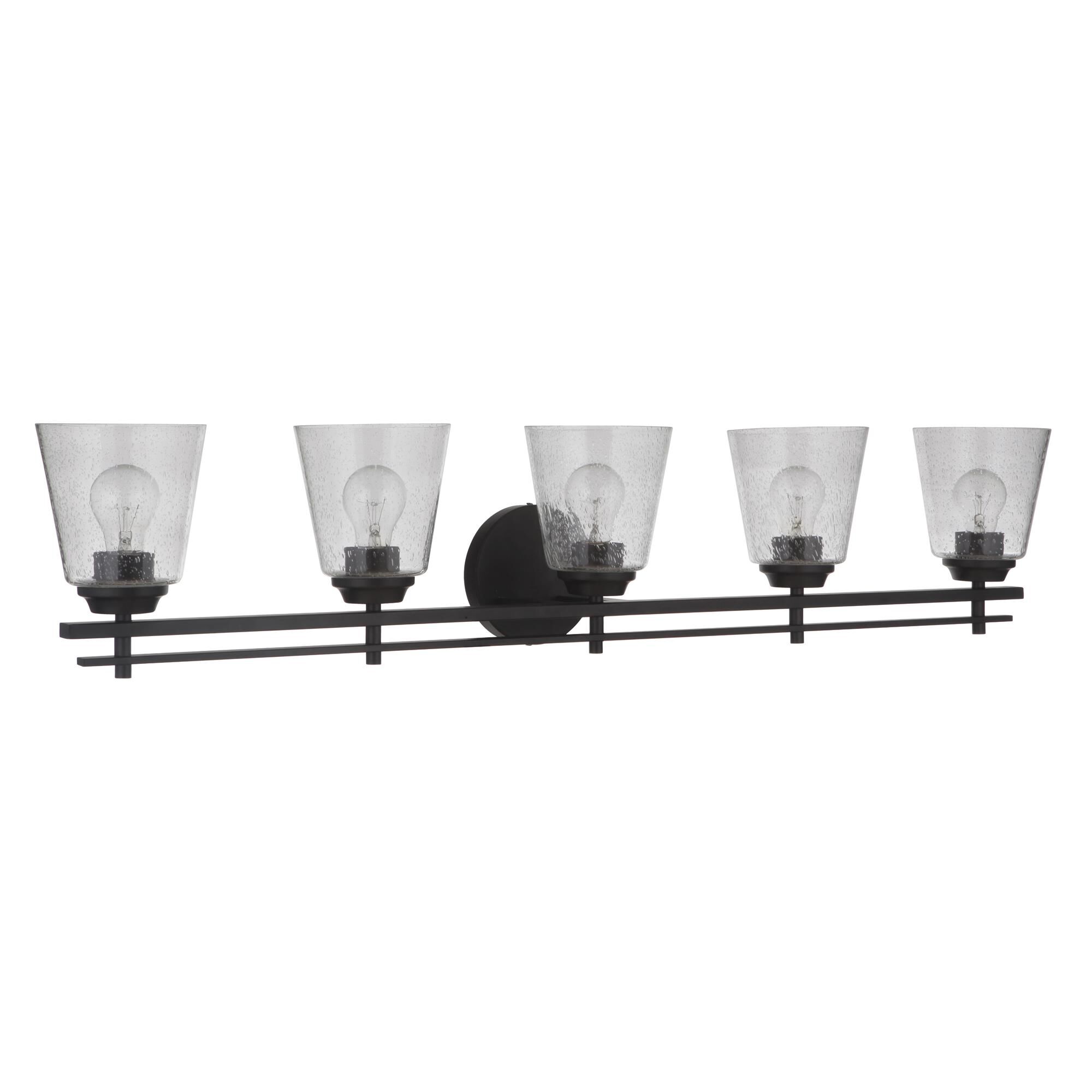 Shown in Flat Black finish and Clear Seeded glass and Glass shade