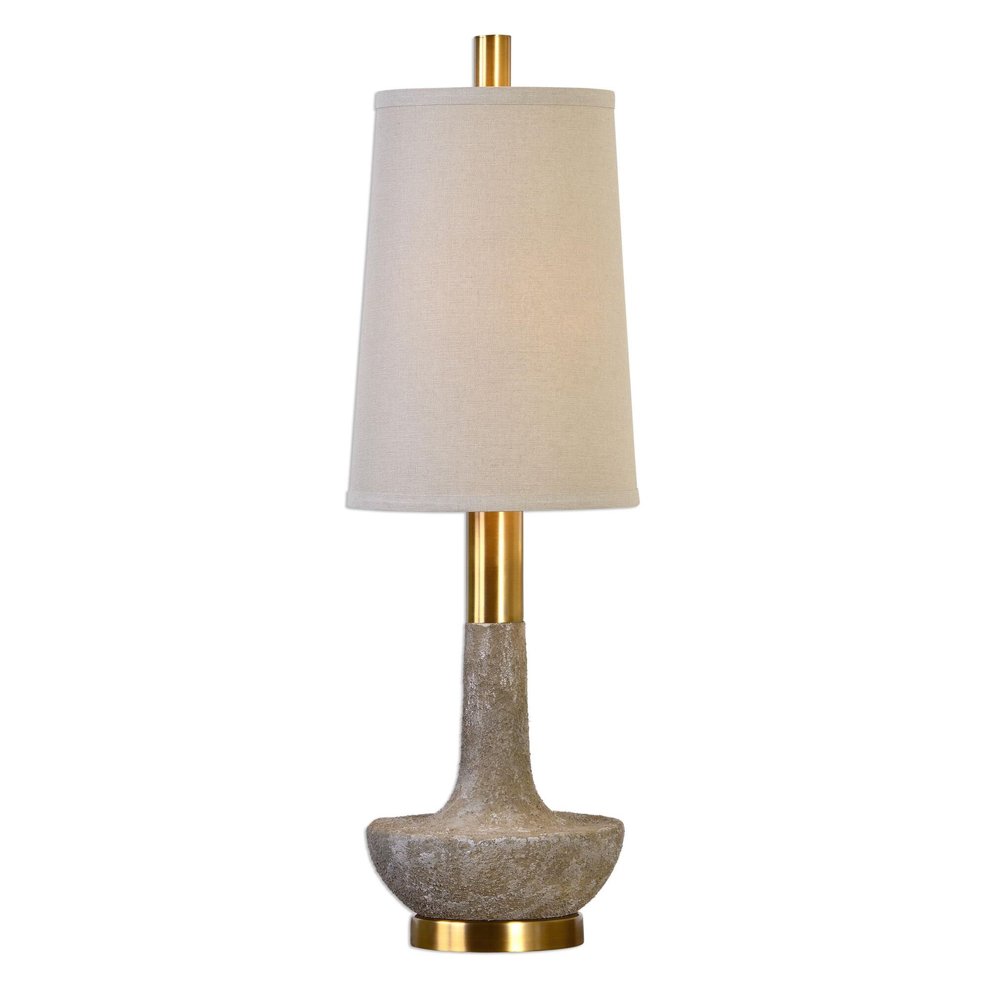 Shown in Textured Stone Ivory-Brushed Brass finish and Oatmeal Linen Fabric shade