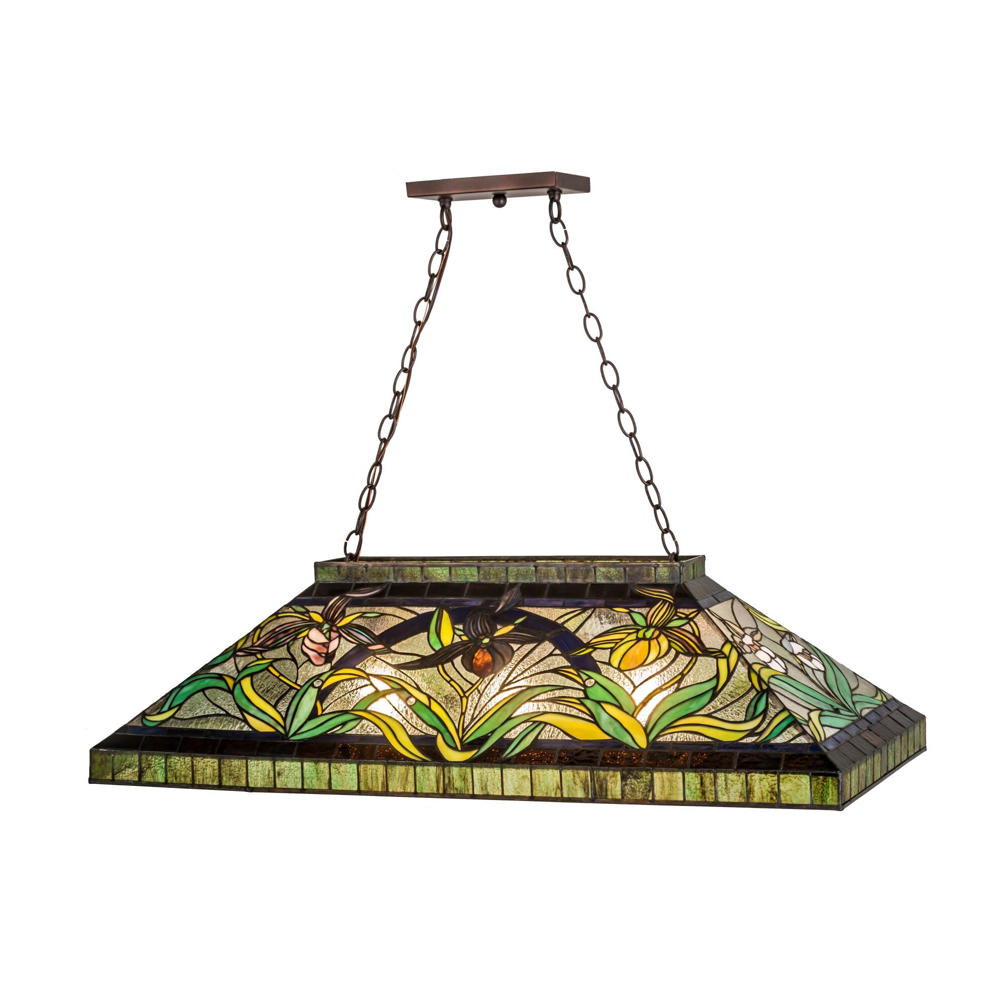 Shown in Mahogany Bronze finish and Purple-Green glass