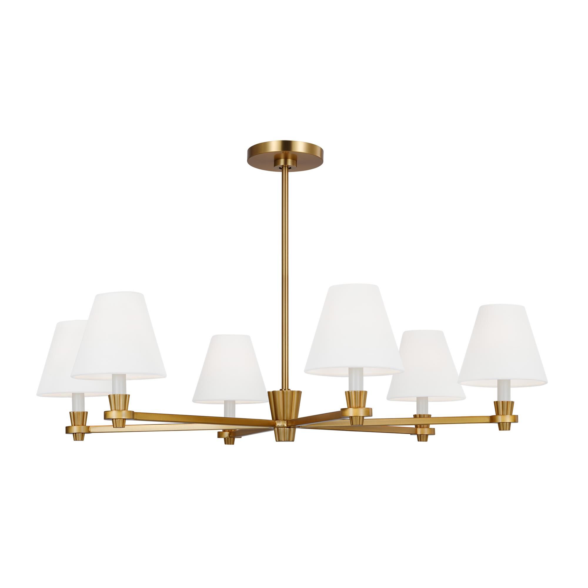 Shown in Burnished Brass finish and White Linen Fabric s shade