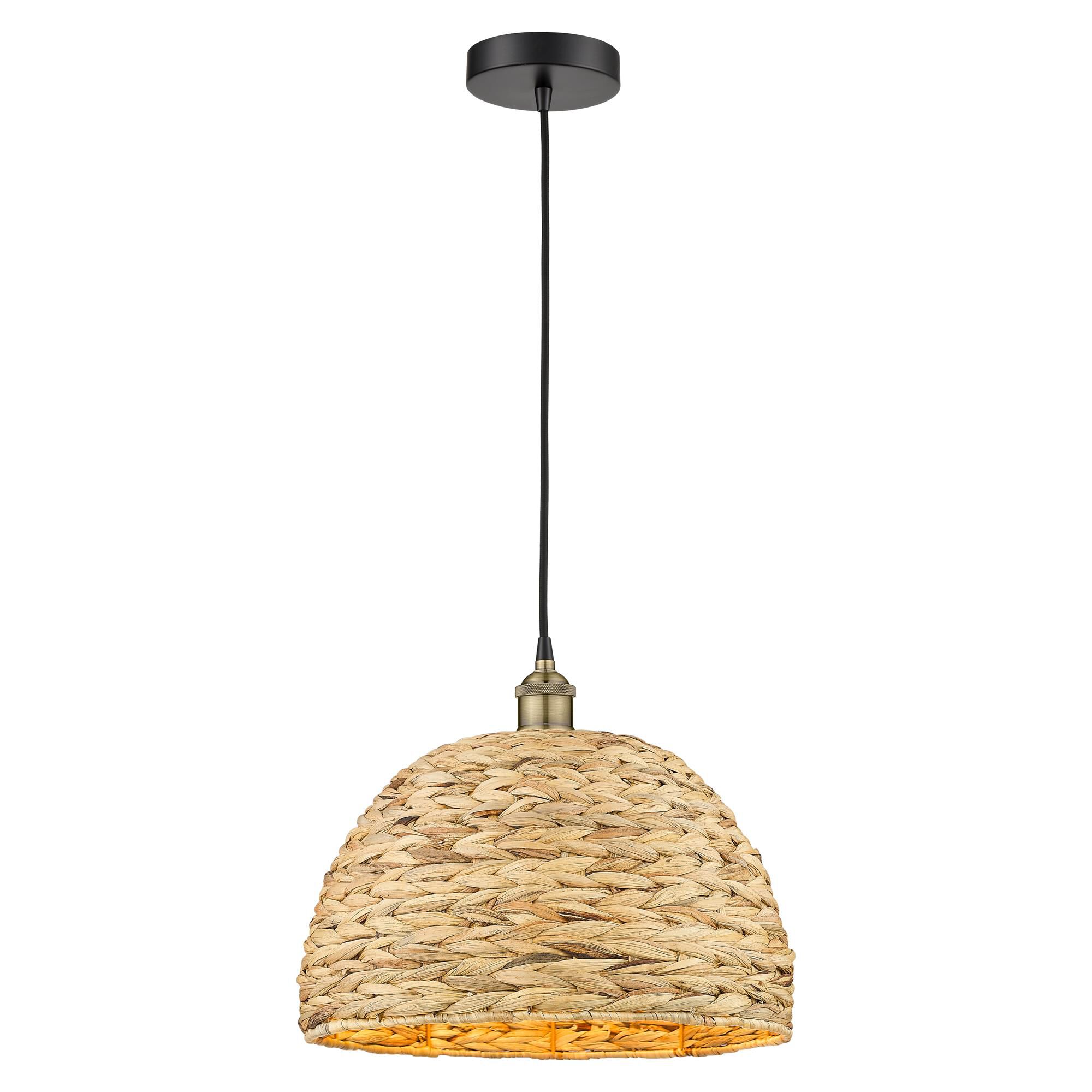 Shown in Black Antique Brass finish and Natural shade