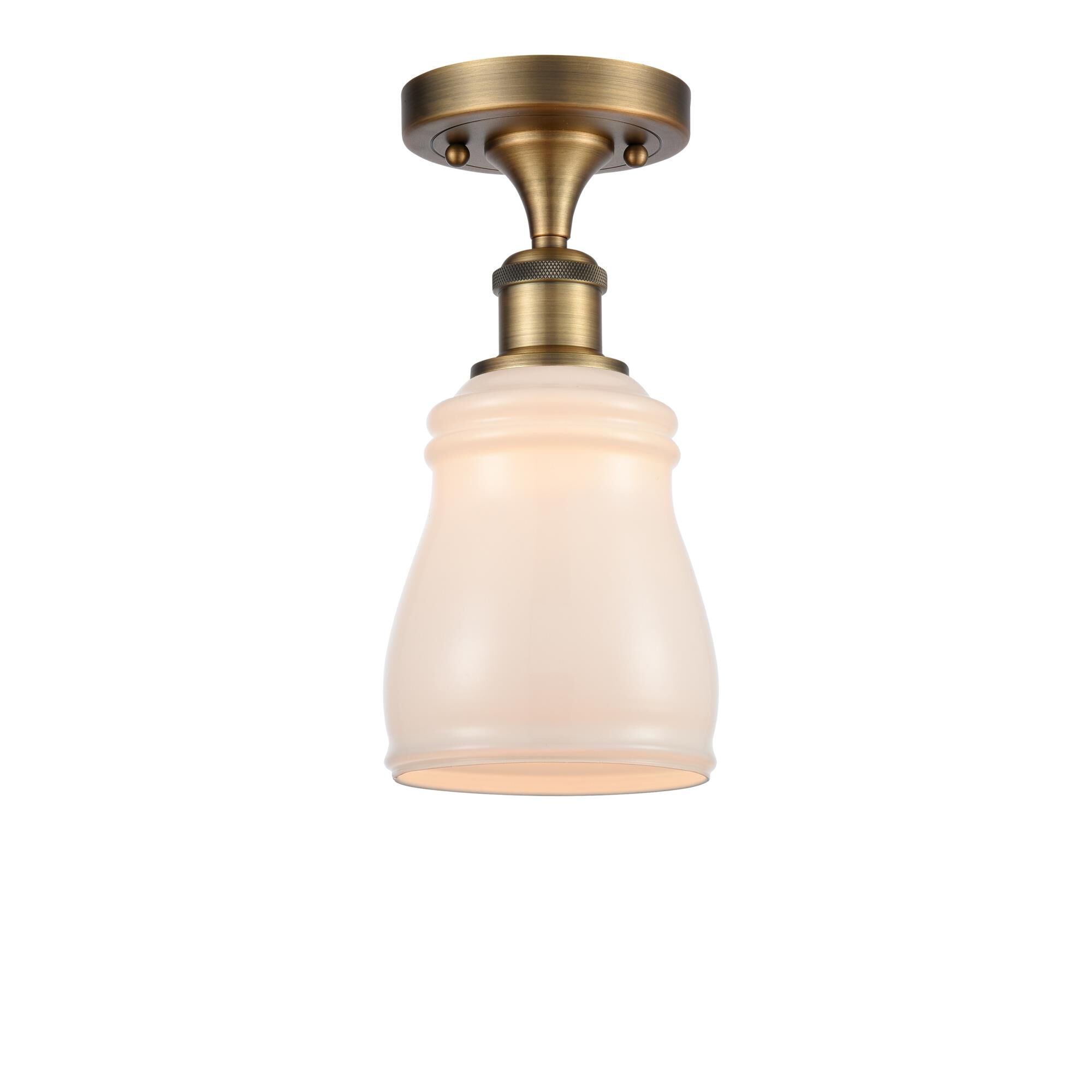 Shown in Brushed Brass finish and Bell glass and Glass shade