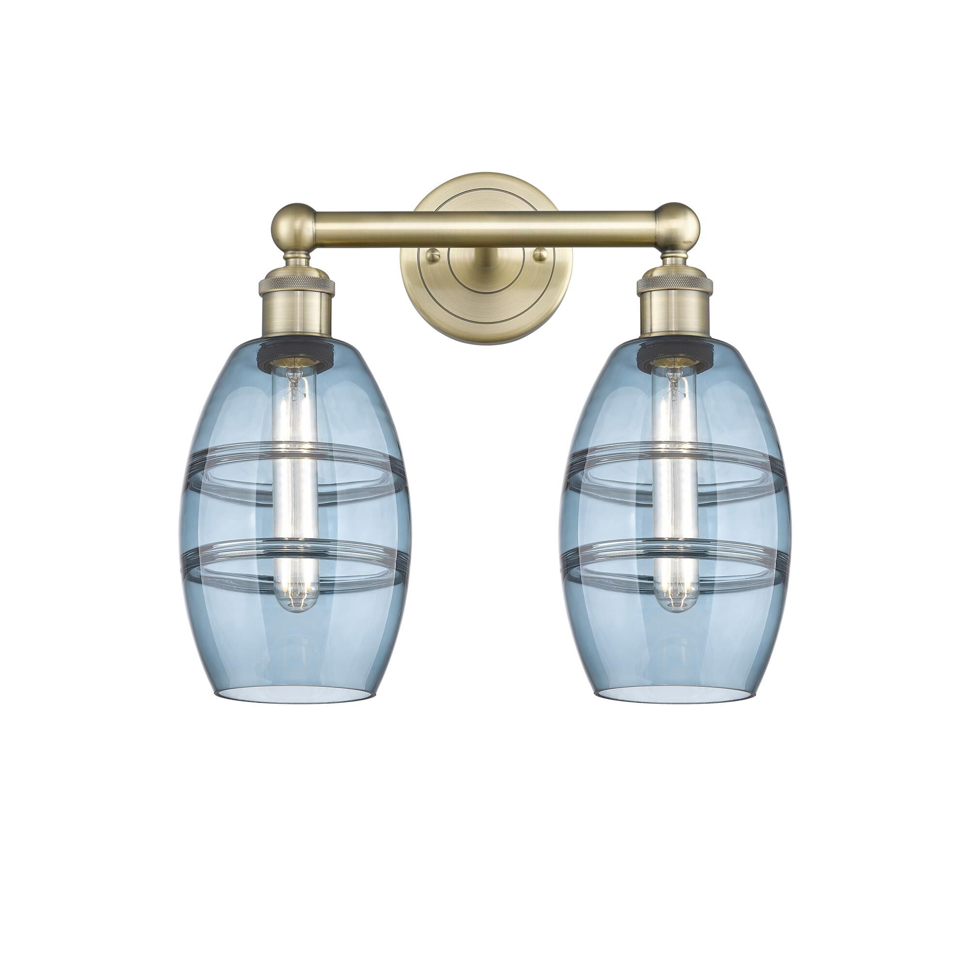 Shown in Antique Brass finish and Princess Blue glass