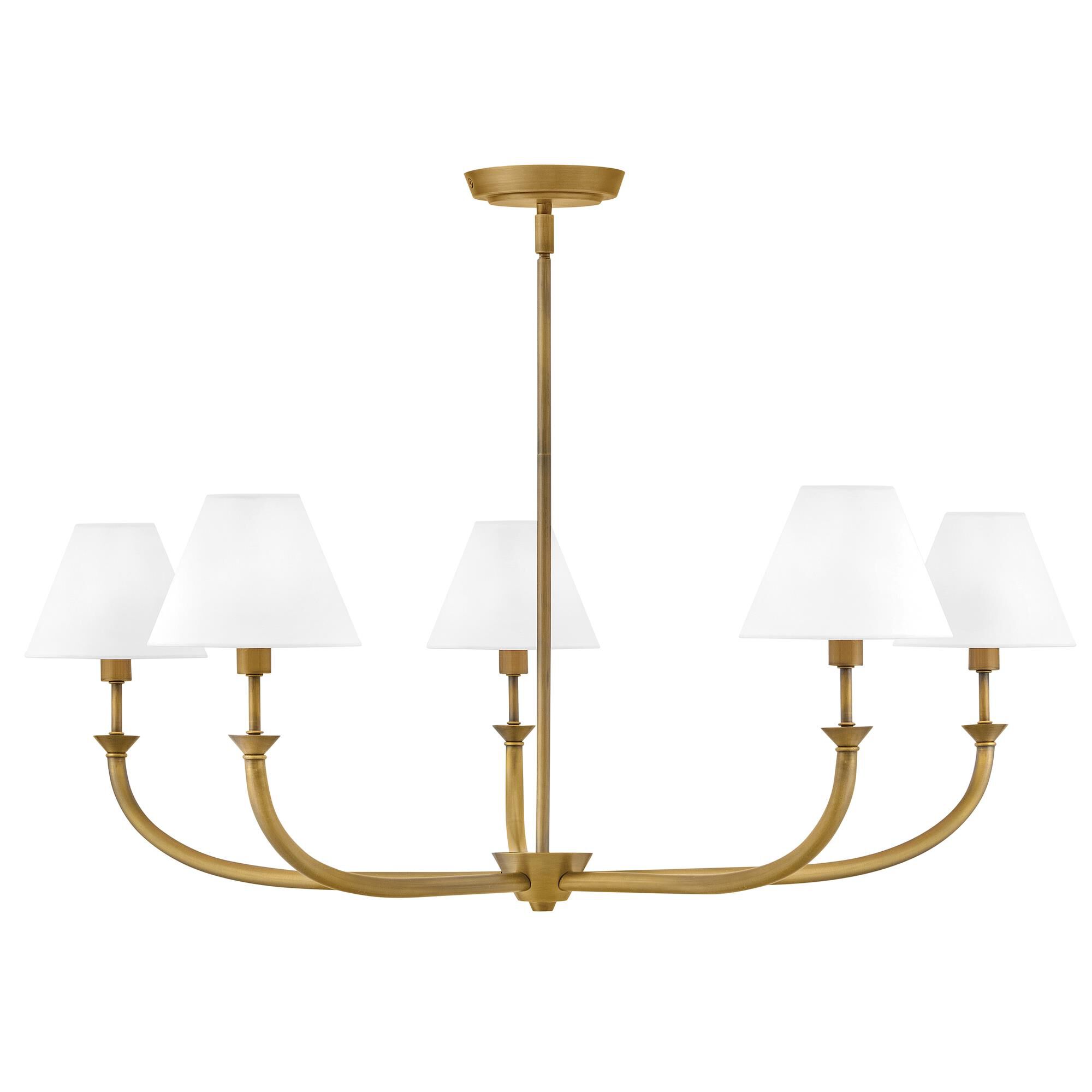 Shown in Heritage Brass finish and Off-White Linen shade
