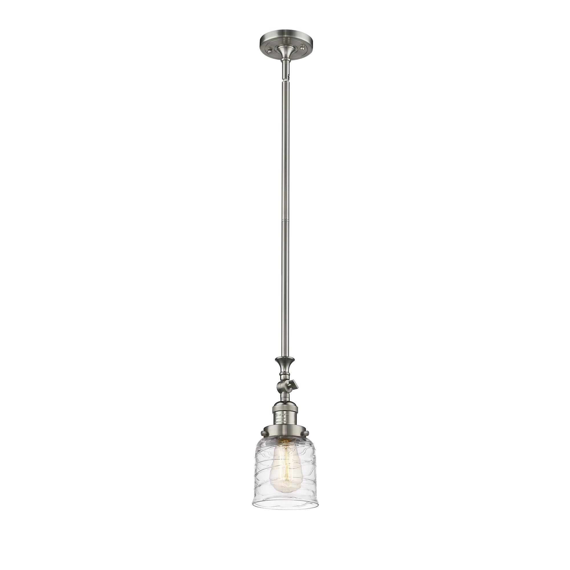 Shown in Brushed Satin Nickel finish and Clear Deco Swirl Small Bell glass