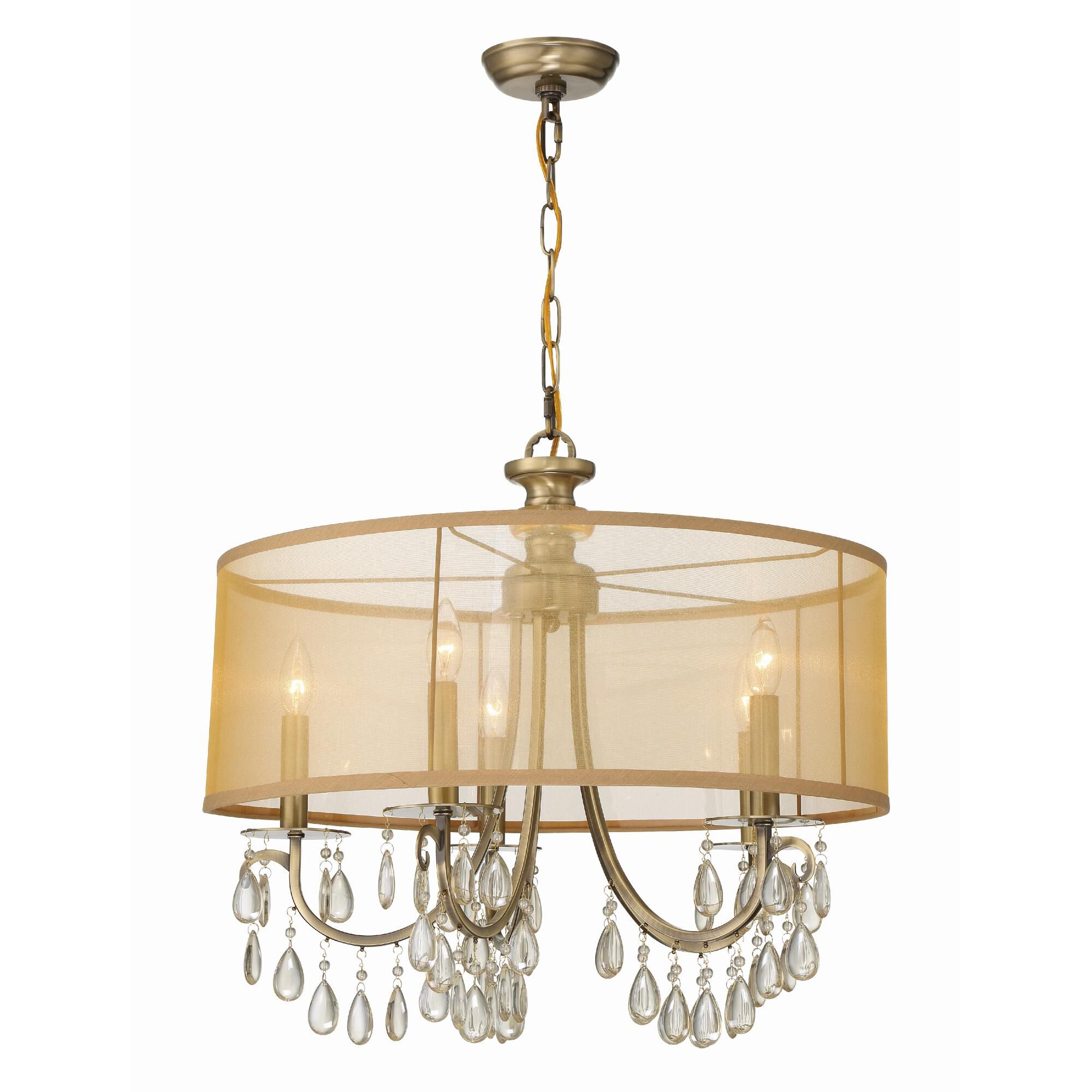Shown in Antique Brass finish and Etruscan Teardrop Almond crystal and Silk glass and Translucent Gold shade