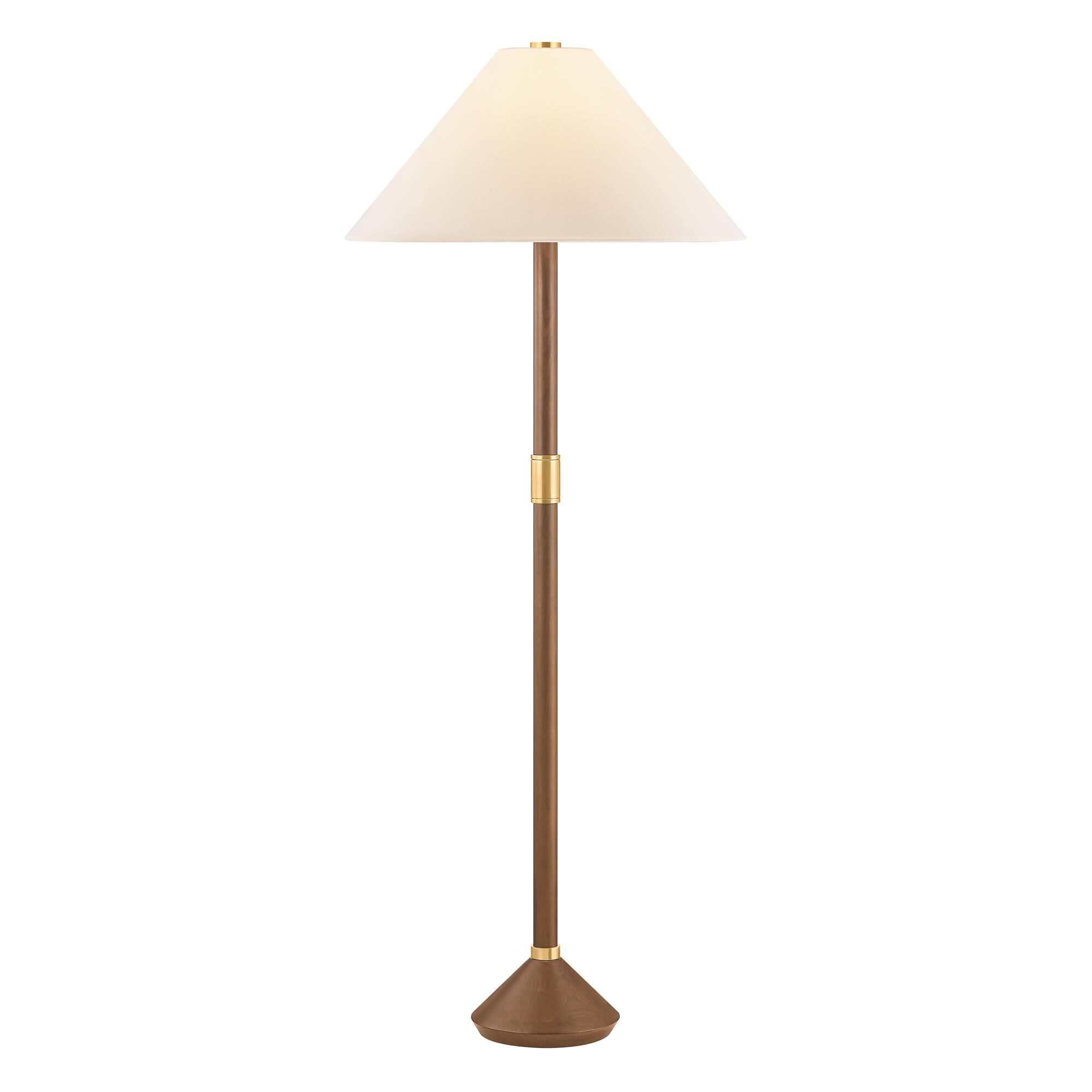 Shown in Aged Brass finish and White Linen shade