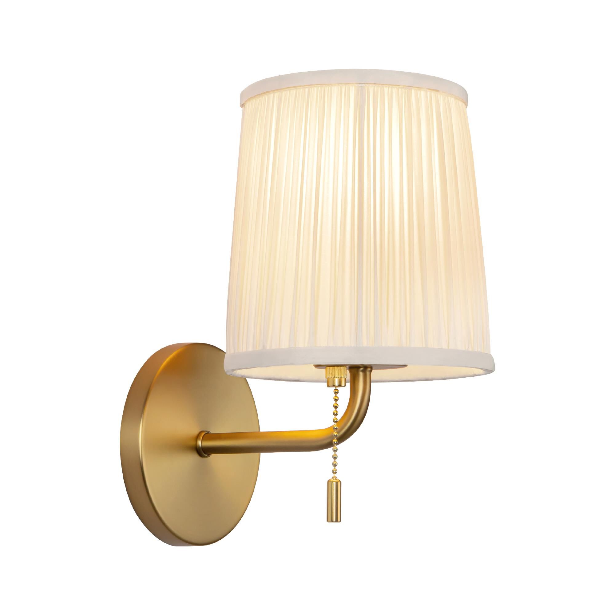Shown in Brushed Gold finish and White Linen shade