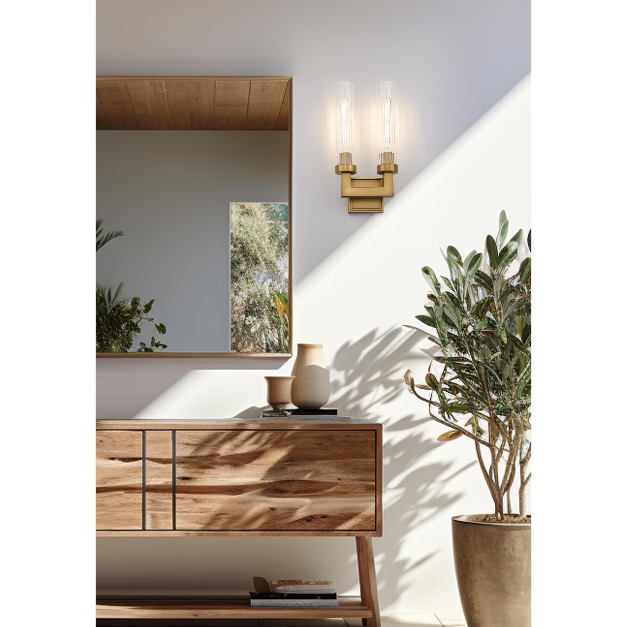 Shown in Rubbed Brass finish and Clear Ribbed glass and Clear Ribbed shade