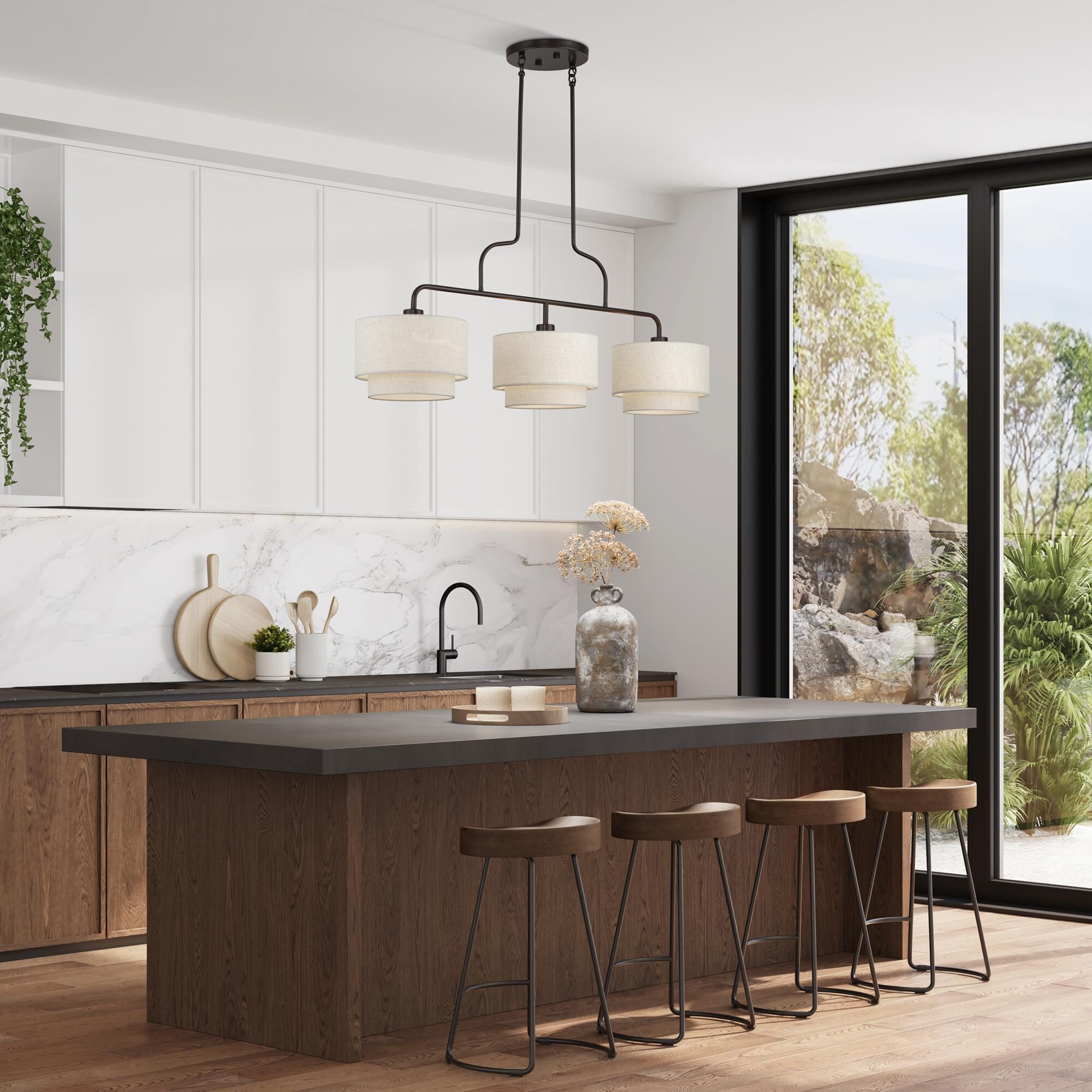 Shown in English Bronze finish and Hand Crafted Oatmeal Color Fabric with White Color Inside shade