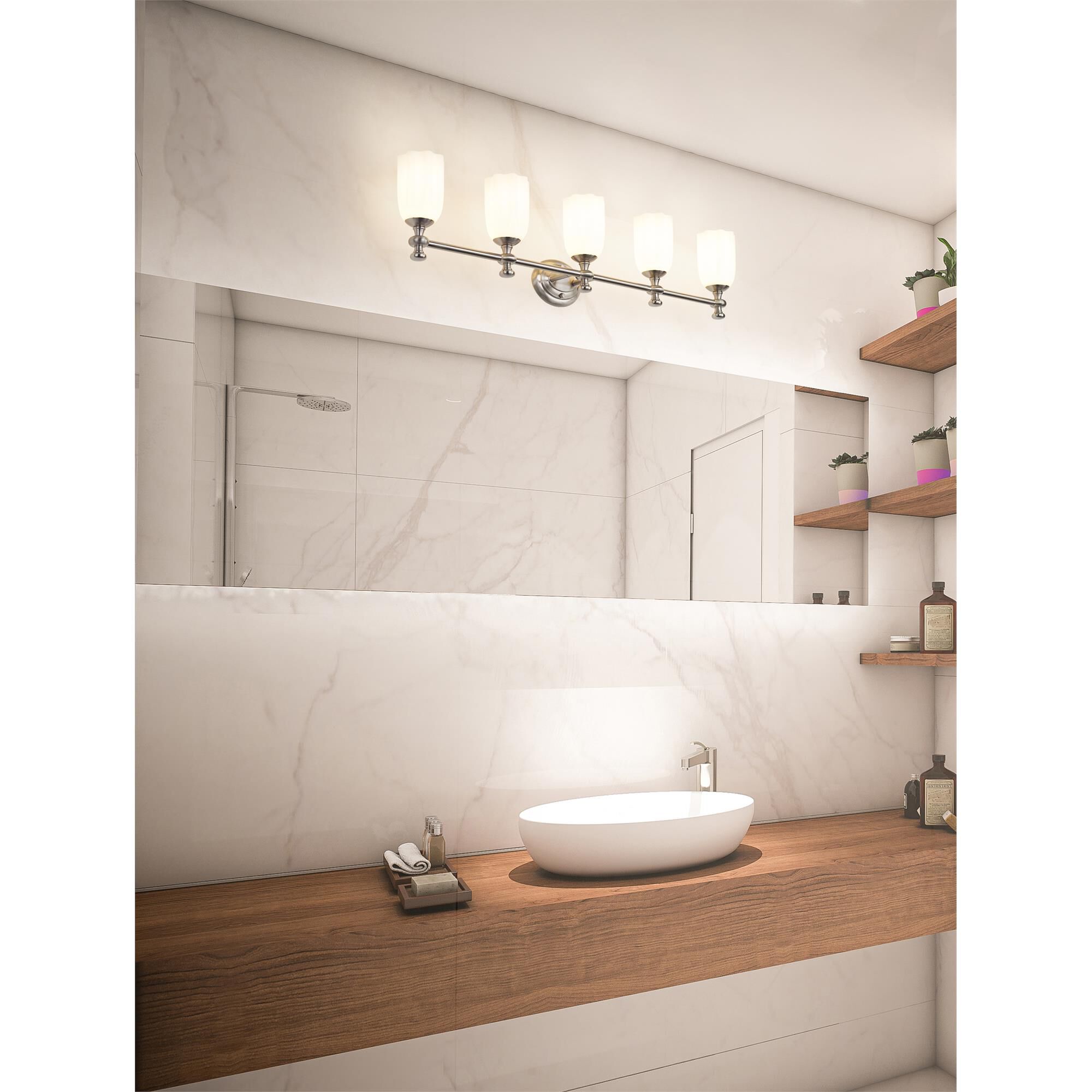 Shown in Brushed Nickel finish and Opal Etched glass and Opal Etched shade