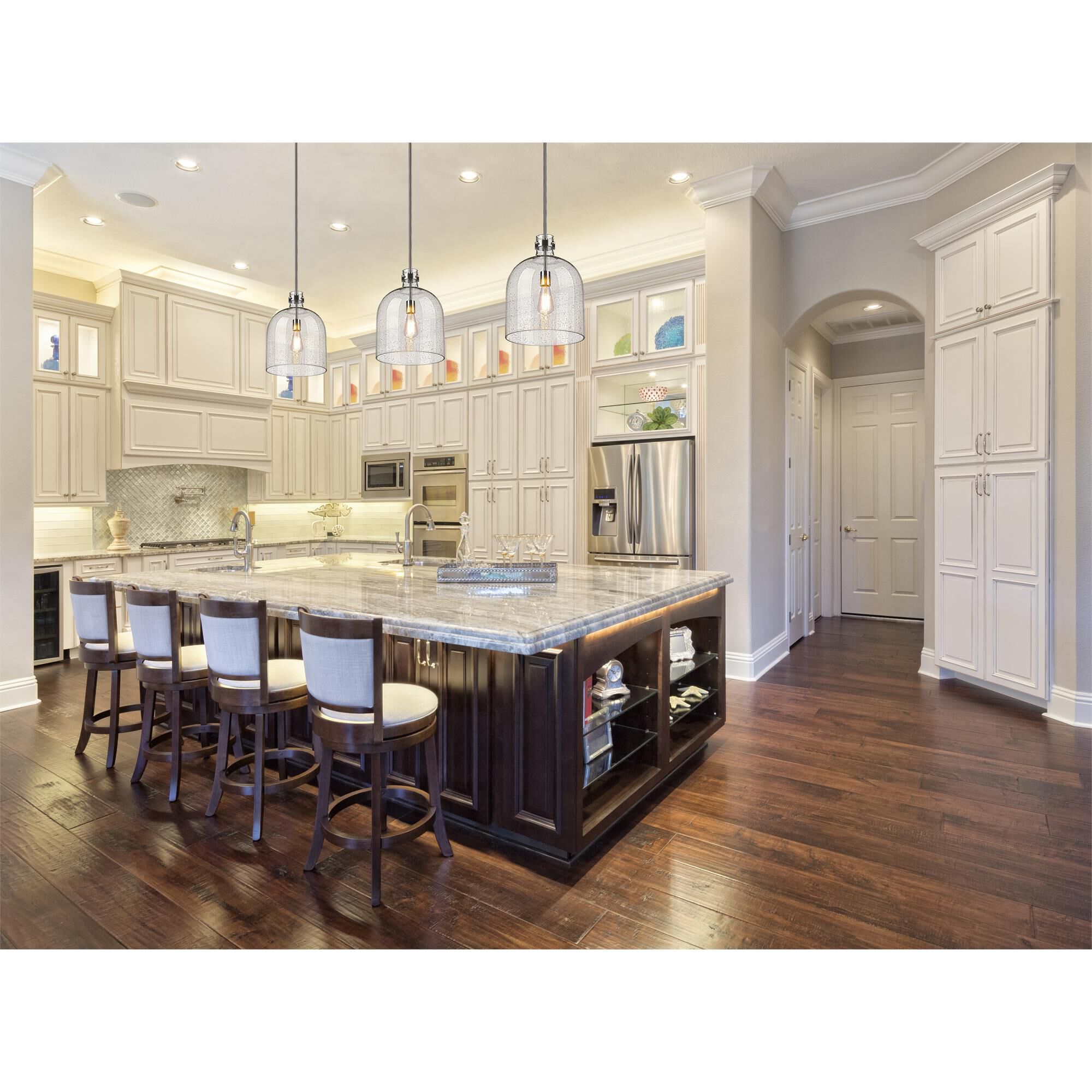Shown in Brushed Nickel finish and Clear Seedy glass and No Shade shade