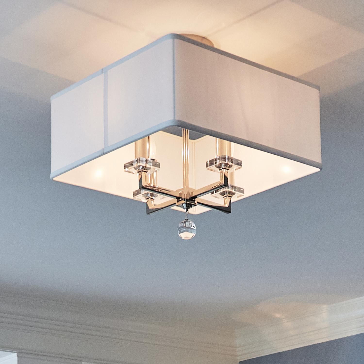 Shown in Antique Gold finish and Clear Glass Balls crystal and White Silk glass and White Silk shade