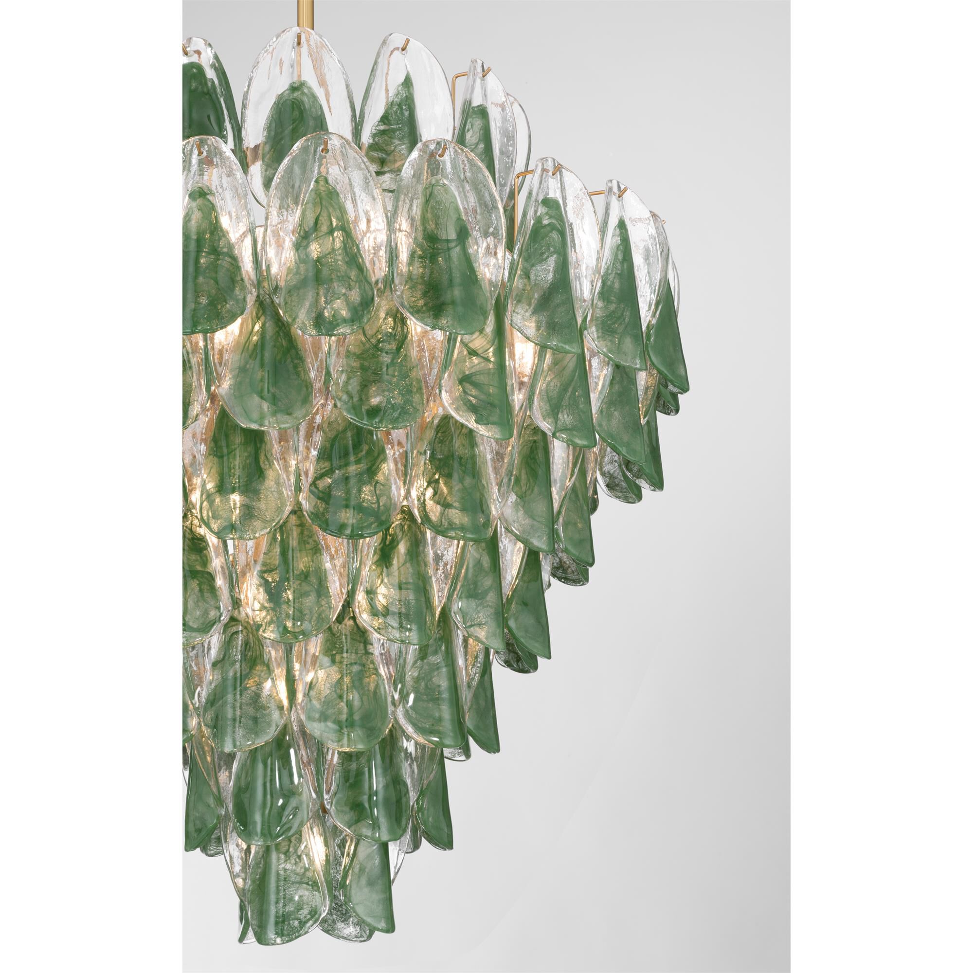 Shown in Legacy Brass finish and Green and Clear Hand-Formed glass
