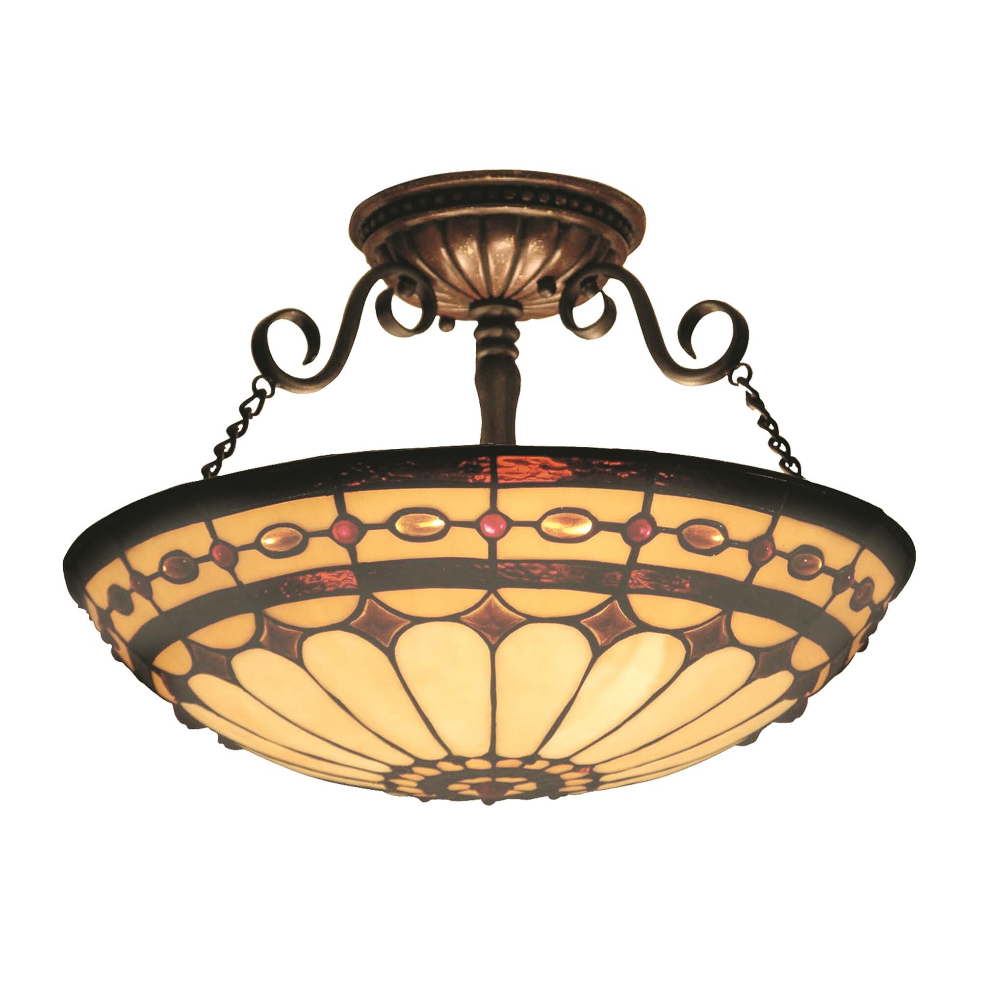 Shown in Burnished Copper finish and Tiffany Style glass
