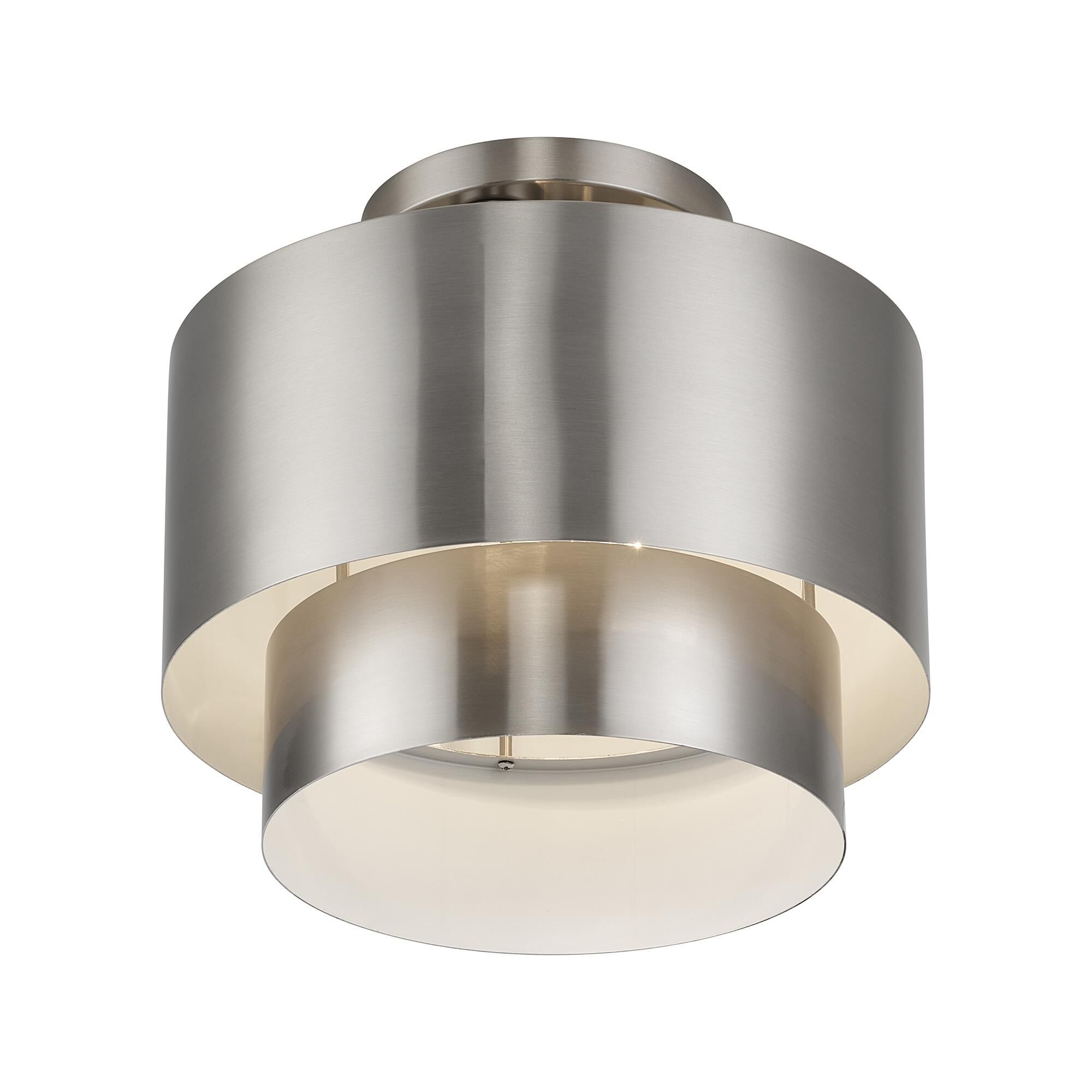 Shown in Brushed Nickel finish and Brushed Nickel Steel with Shiny White Inside shade