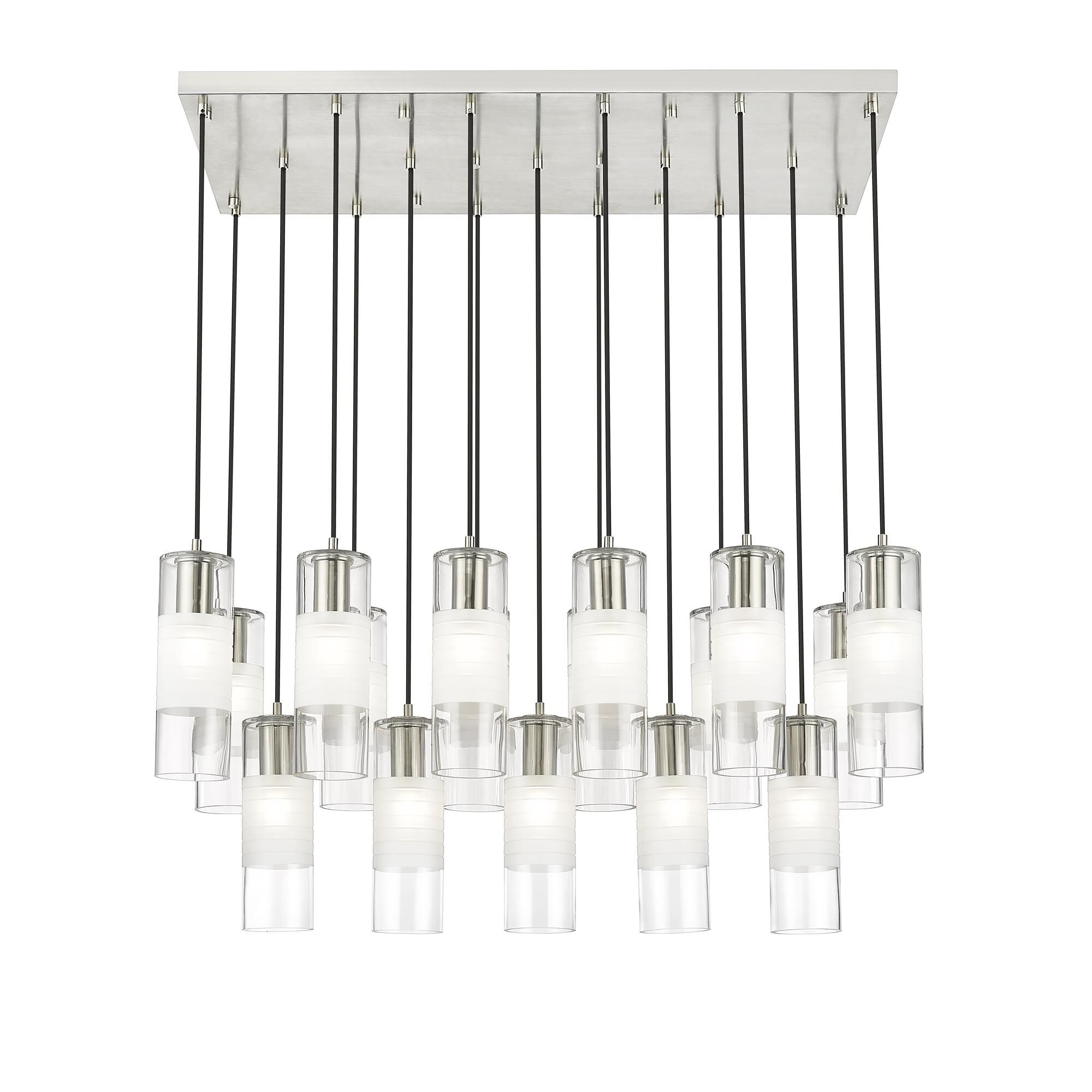 Shown in Brushed Nickel finish and Clear+frosted glass and Clear+frosted shade