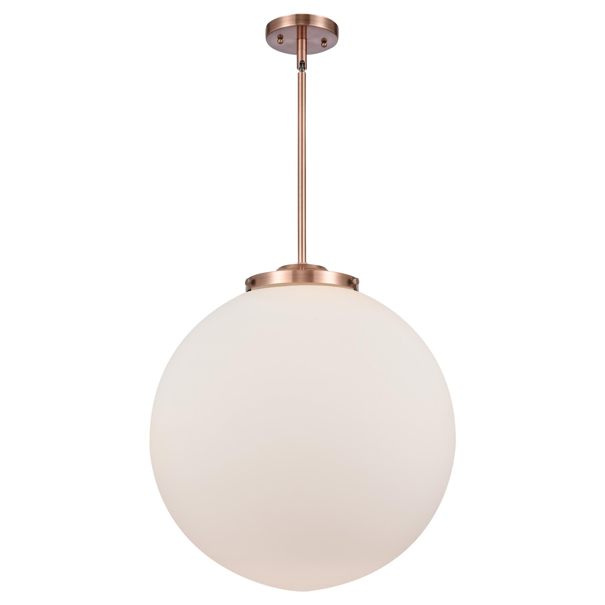 Shown in Antique Copper finish and Matte White Cased Beacon glass