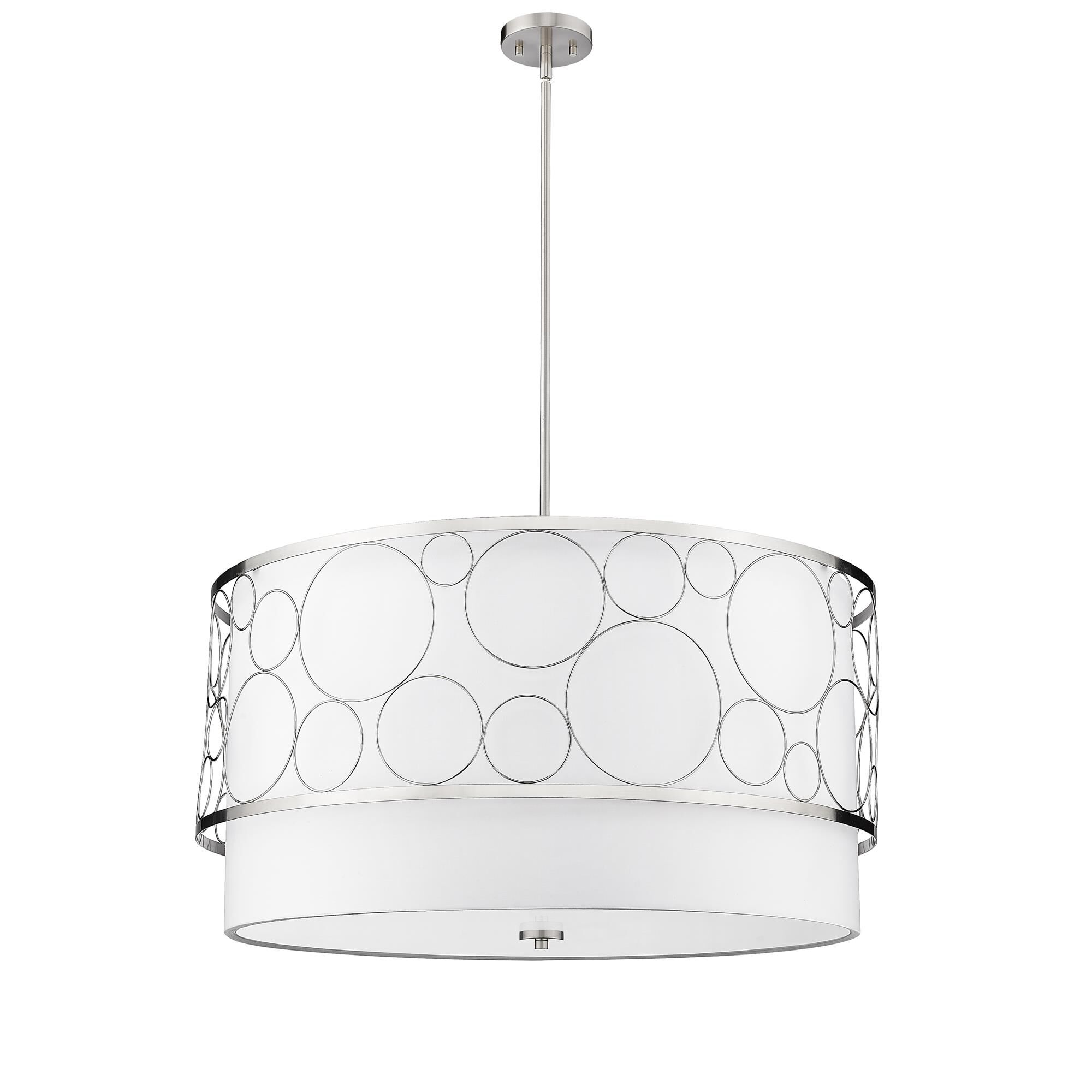 Shown in Brushed Nickel finish and White glass and White shade