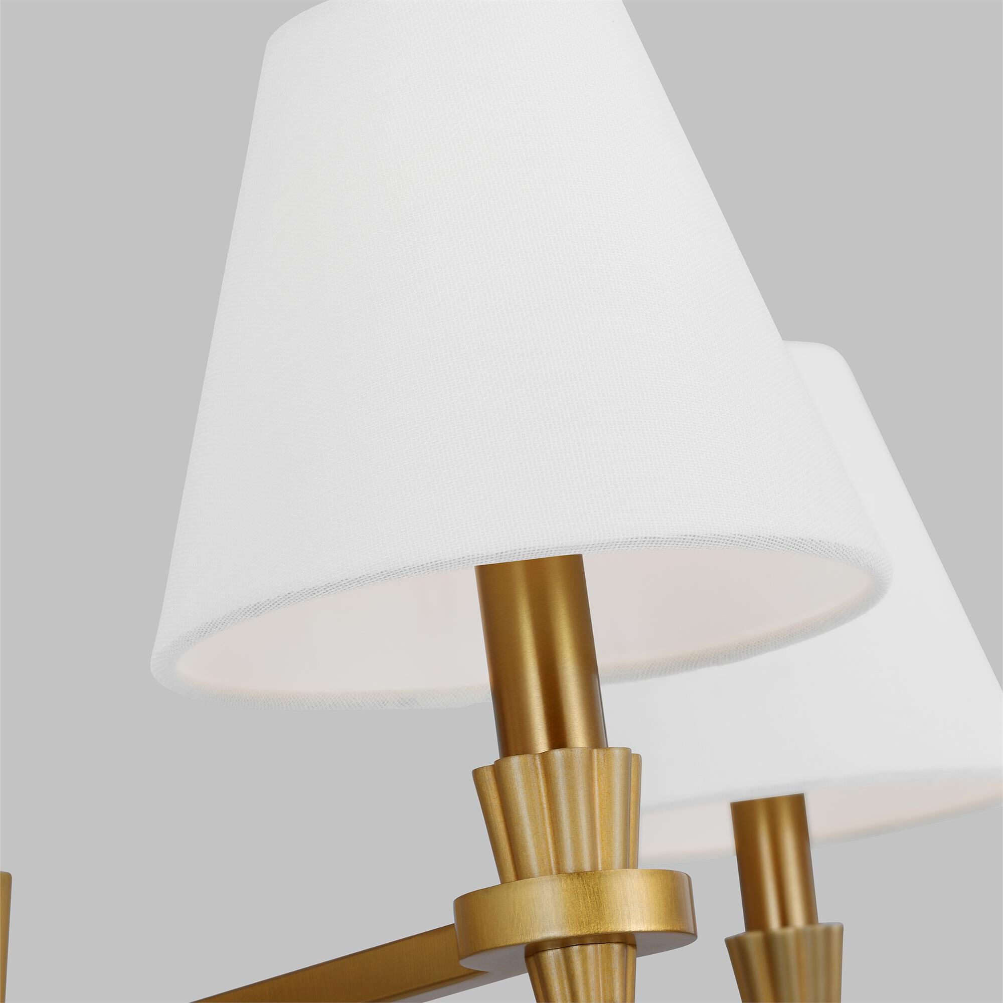 Shown in Burnished Brass finish and White Linen Fabric s shade