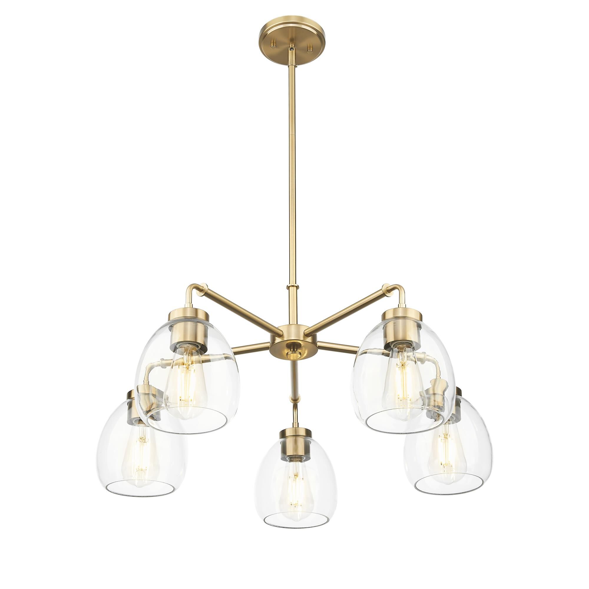 Shown in Brass finish and Clear Glass Globes shade