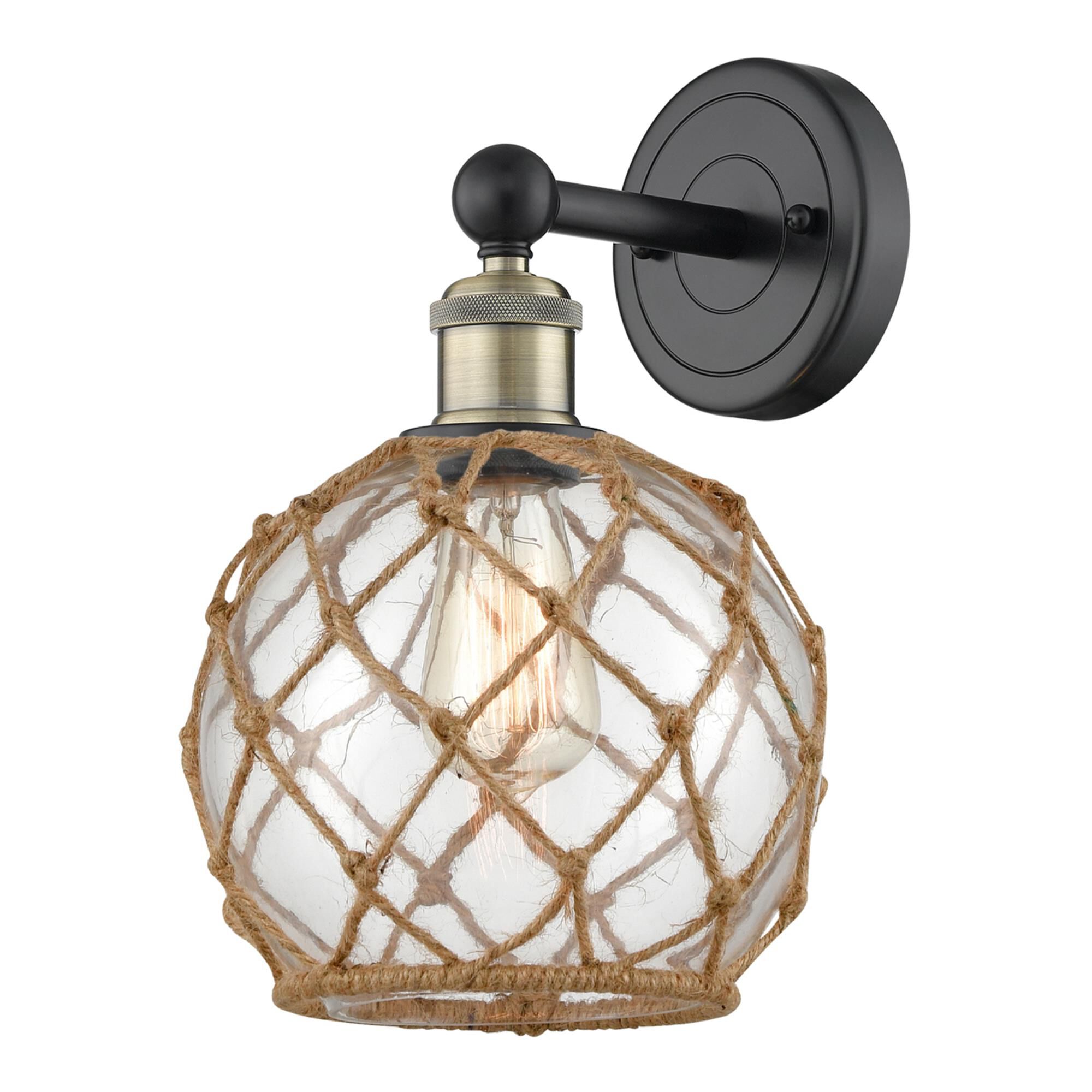 Shown in Black Antique Brass finish and Clear with Brown Rope glass