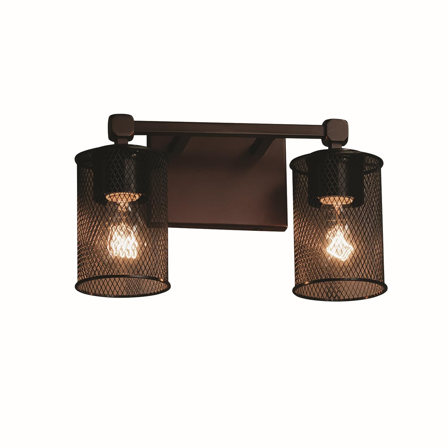 Shown in Dark Bronze finish and Wire Mesh shade and Cylinder with Flat Rim accent