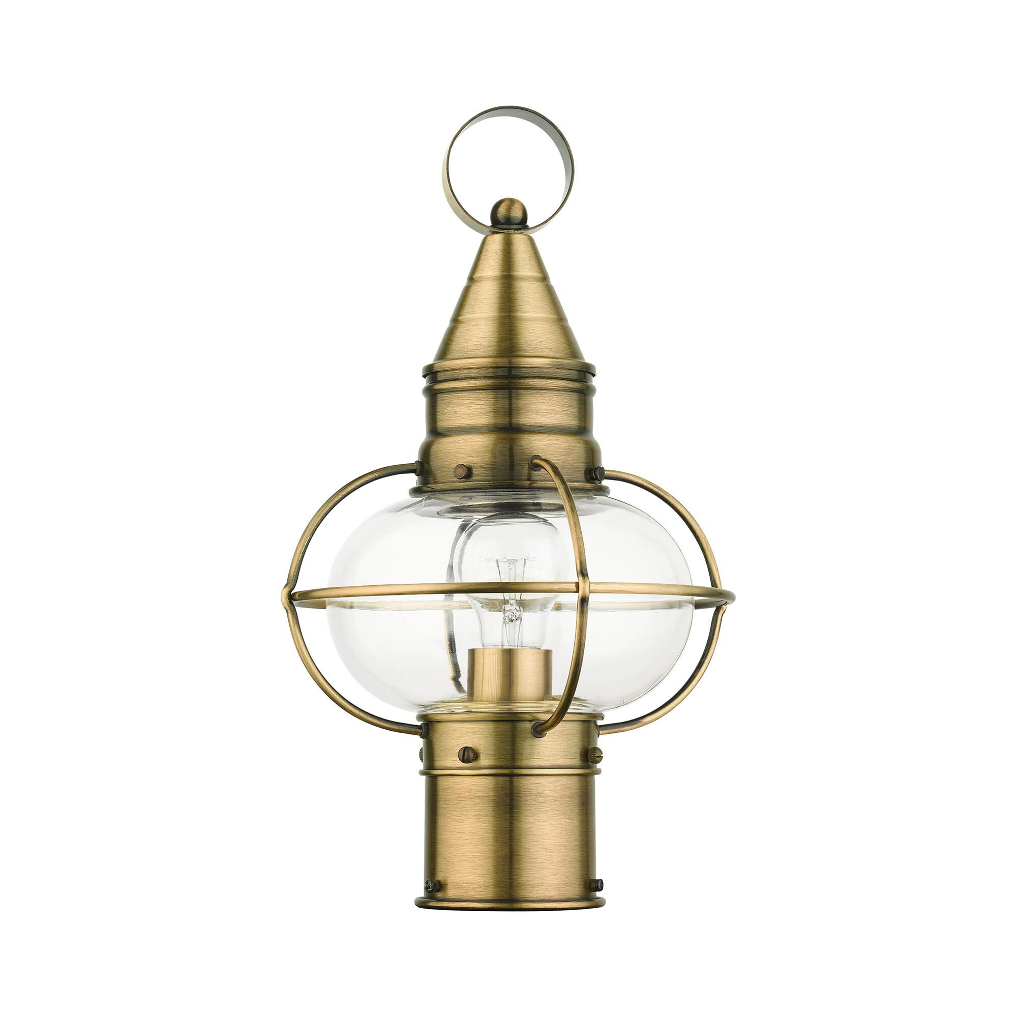 Shown in Antique Brass finish and Hand Blown Clear glass