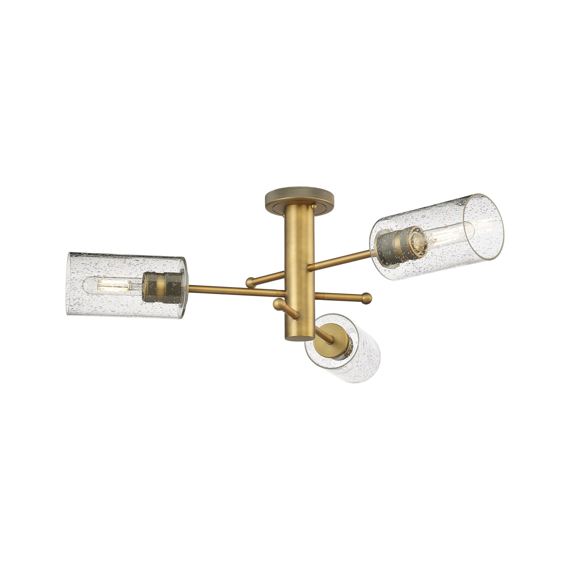 Shown in Brushed Brass finish and Seedy glass and Seedy Glass shade