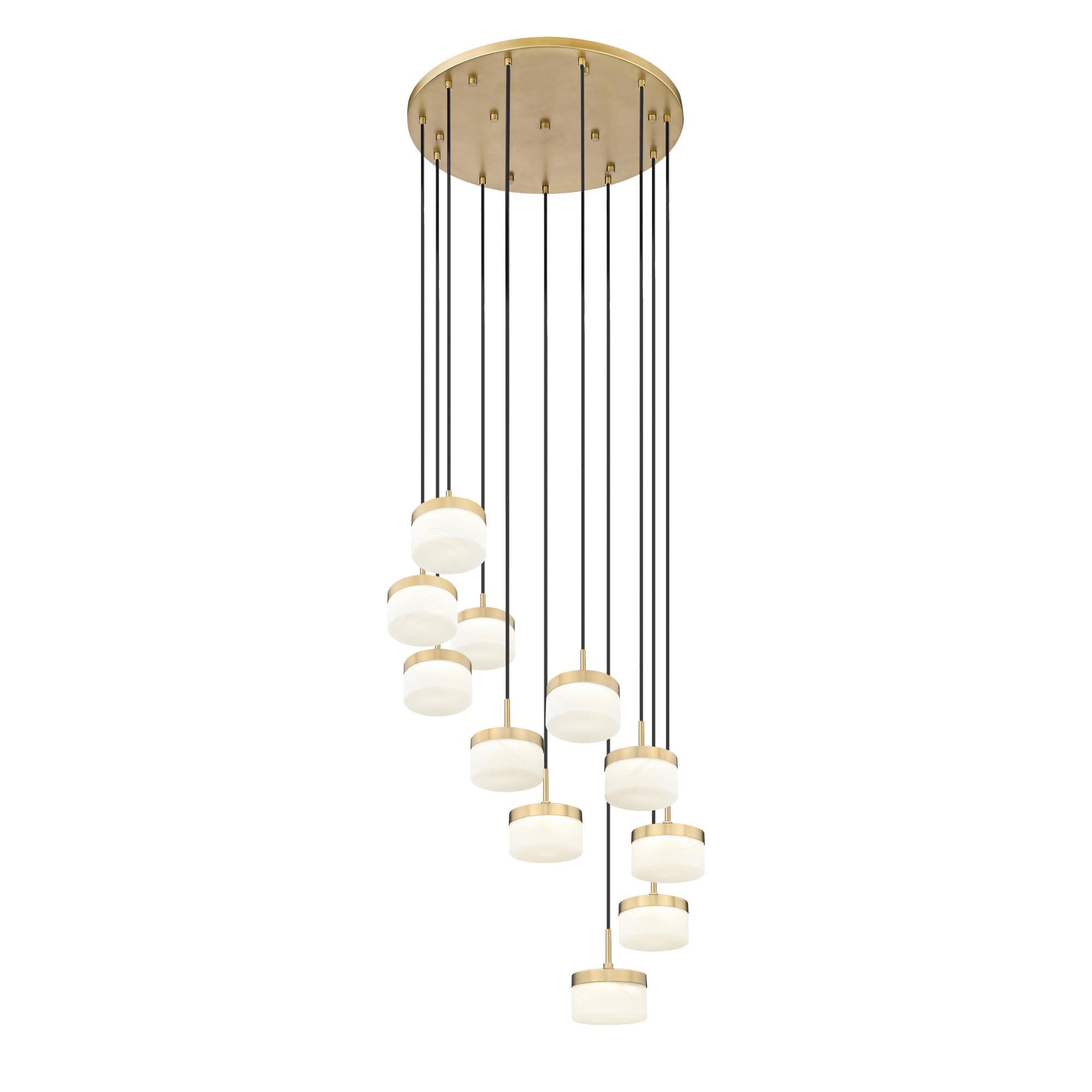 Shown in Modern Gold finish and Feathered White glass