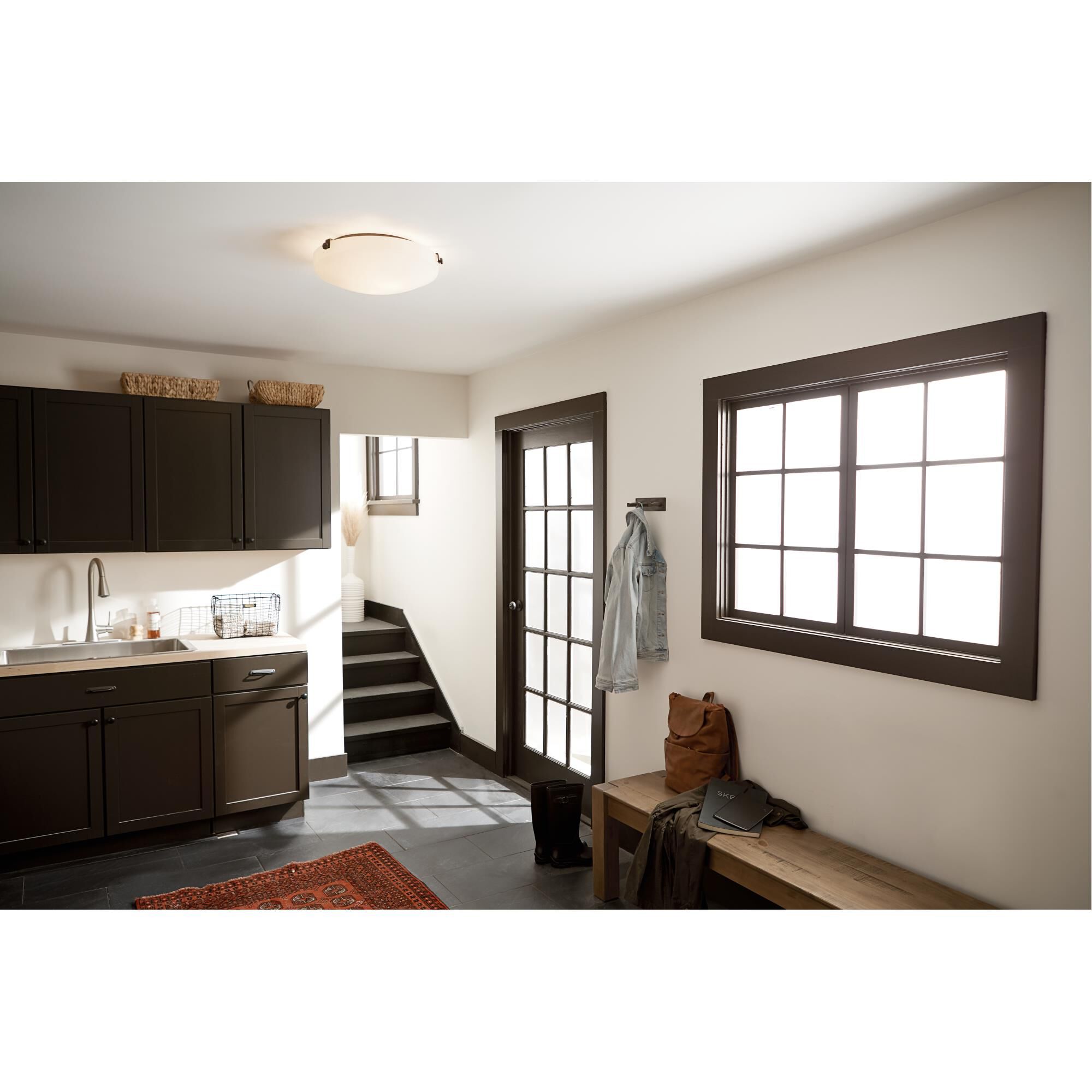 Shown in Olde Bronze finish and Satin Etched White glass